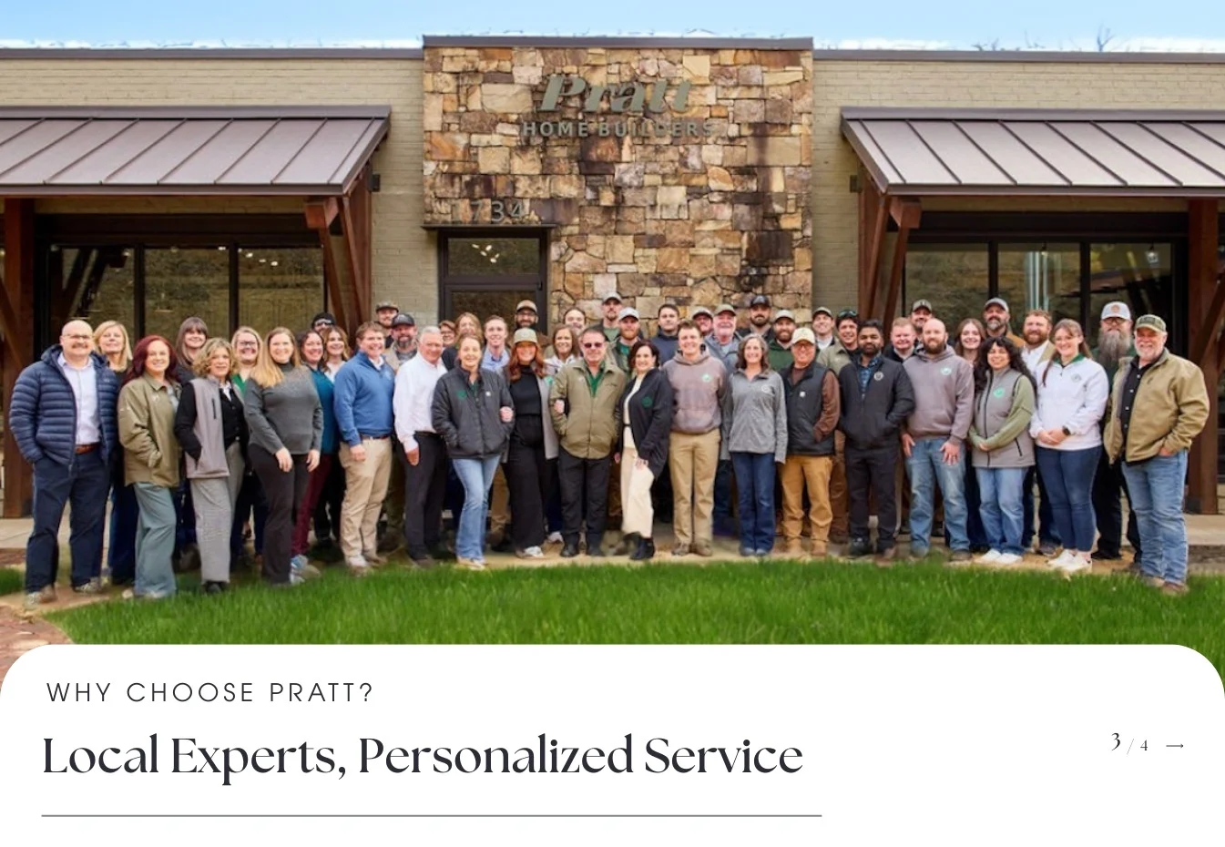 Group of Pratt Home Builders team members standing outside their office in Chattanooga, TN, showcasing local expertise and personalized service.