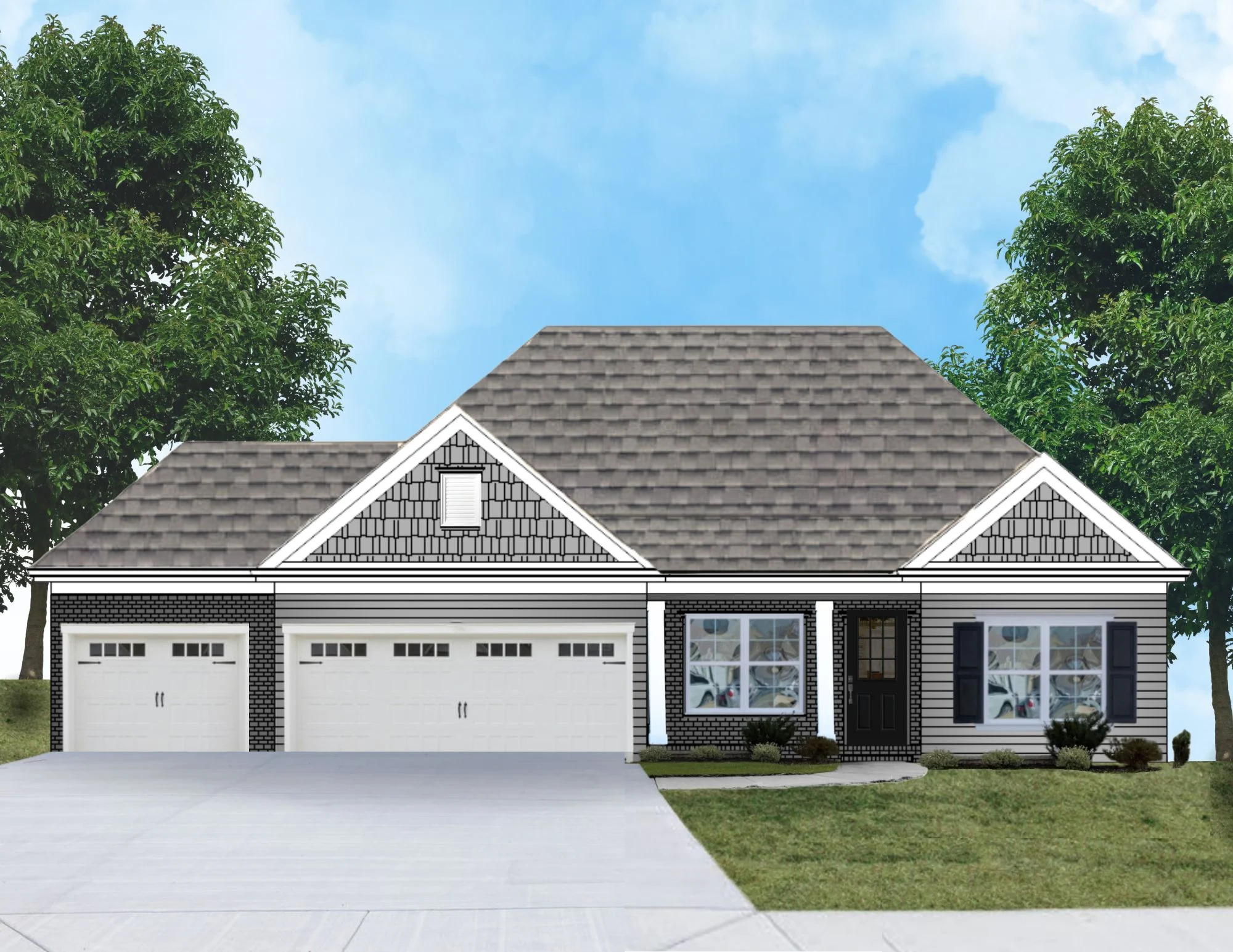 New Home Chattanooga TN. Single-story gray home with a three-car garage, brick and siding exterior, and landscaped front yard. Built by Pratt Home Builders.