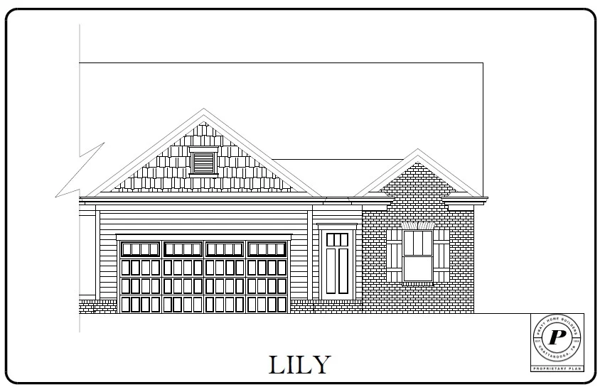 New Home Chattanooga TN. Architectural line drawing of the Lily home design by Pratt Home Builders, featuring a two-car garage and brick accents.
