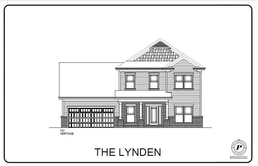 New Home Chattanooga TN. Architectural drawing of "The Lynden" two-story home by Pratt Home Builders, featuring a gable roof and attached garage.