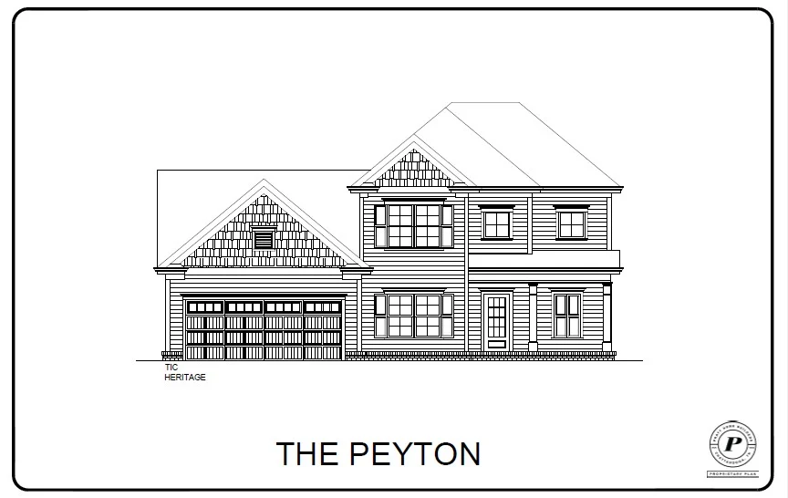 New home Chattanooga TN. Architectural drawing of "The Peyton," a two-story house design by Pratt Home Builders, featuring a gabled roof.