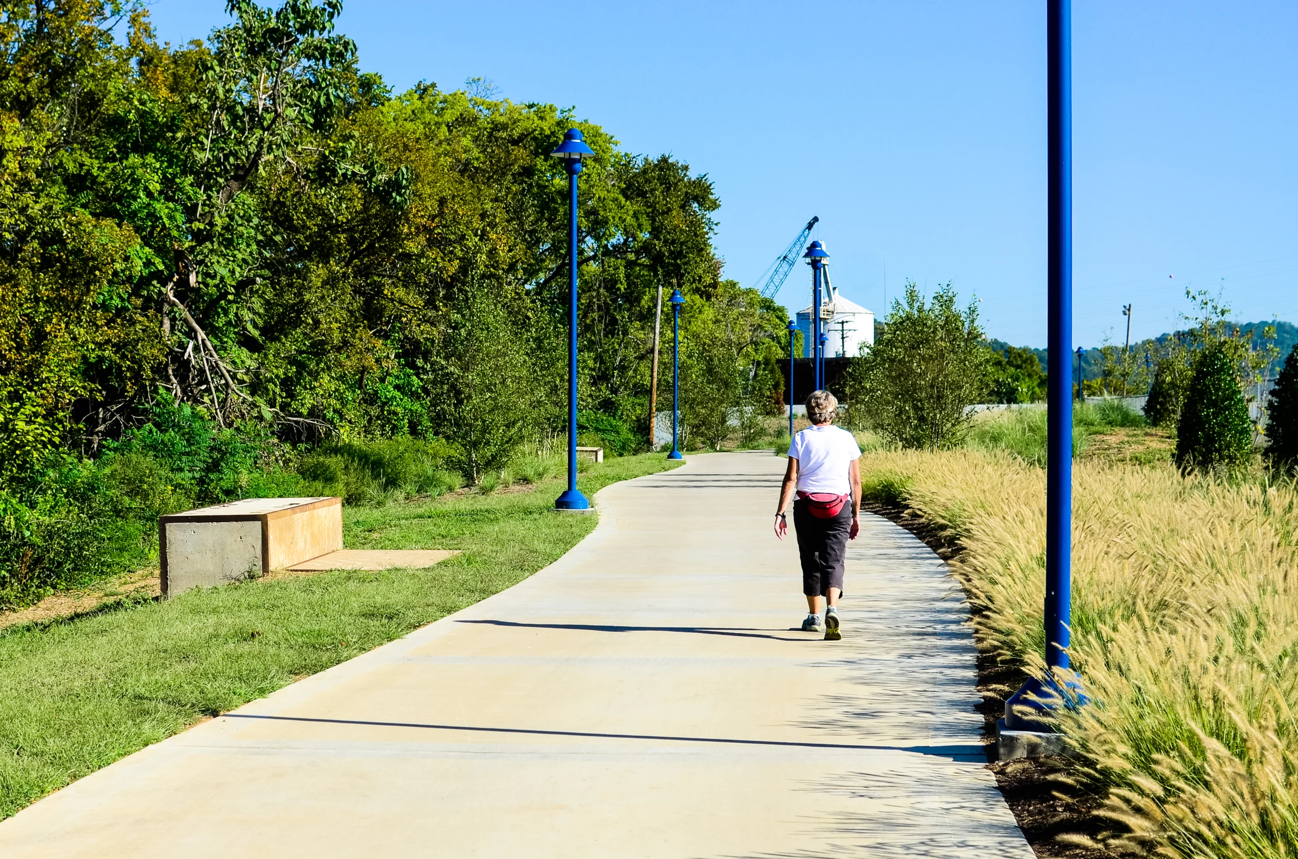 Person walking on a sunny pathway lined with blue lamps and greenery, with a crane visible in the distance.