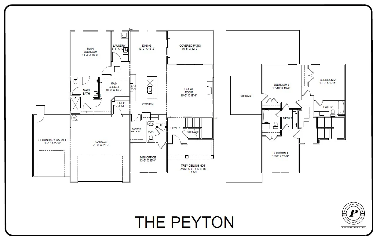New Home Chattanooga TN. Floor plan for "The Peyton" by Pratt Home Builders, featuring main and upper levels with four bedrooms, a great room, and garages.