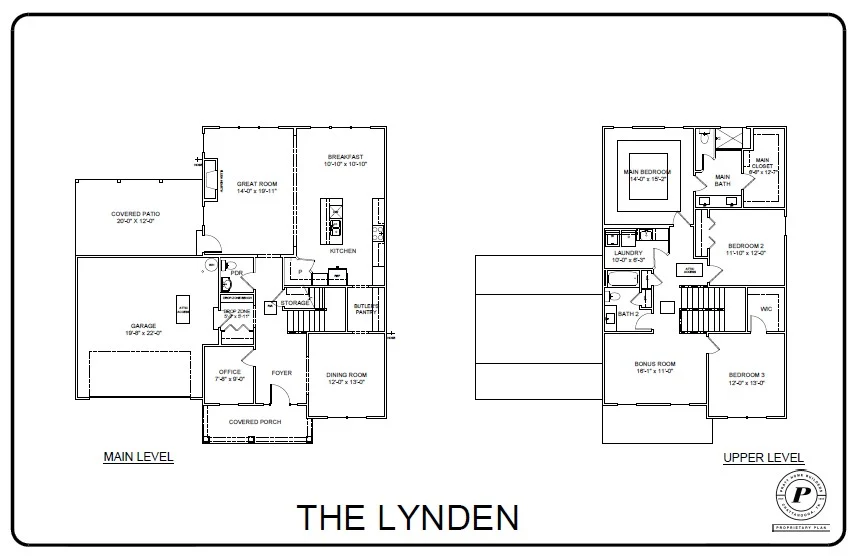 New Home Chattanooga TN. Floor plan of "The Lynden" by Pratt Home Builders showing main and upper levels with rooms labeled.