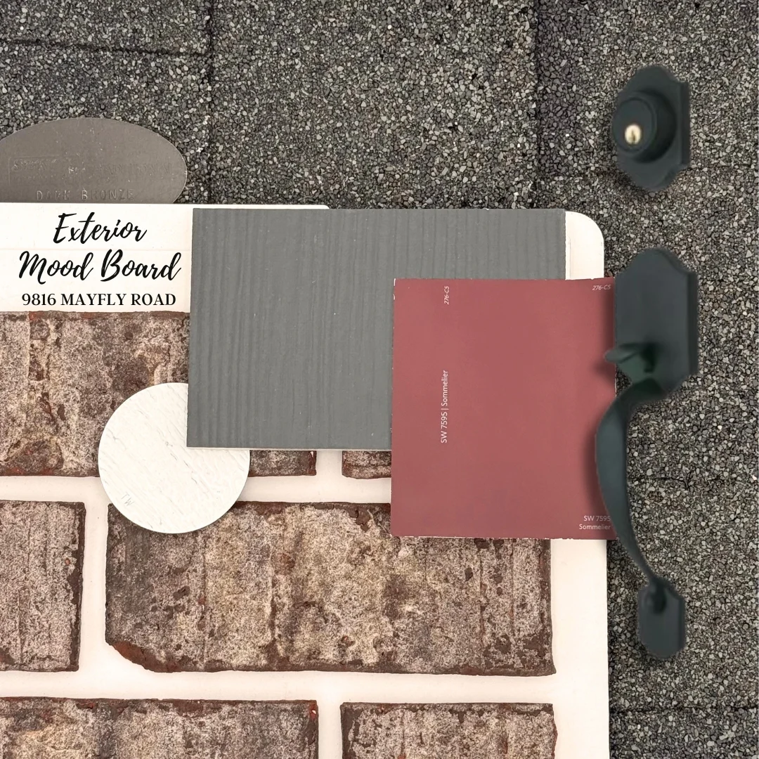 New Home Chattanooga TN. Exterior mood board featuring bricks, shingles, and color samples by Pratt Home Builders, showcasing cohesive design elements.