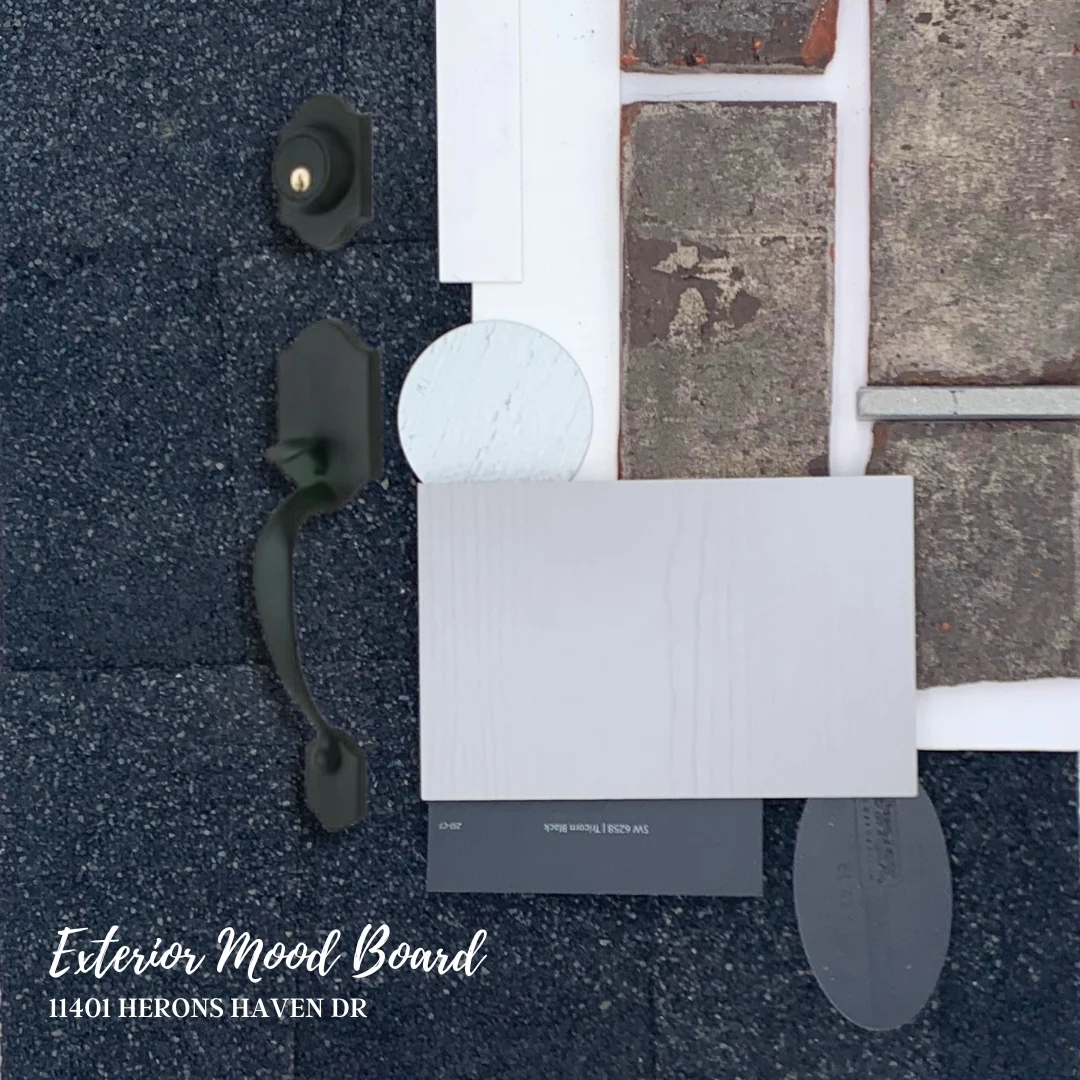 New Home Chattanooga TN. Exterior mood board featuring bricks, hardware, and paint samples by Pratt Home Builder, labeled 11401 Herons Haven Dr.