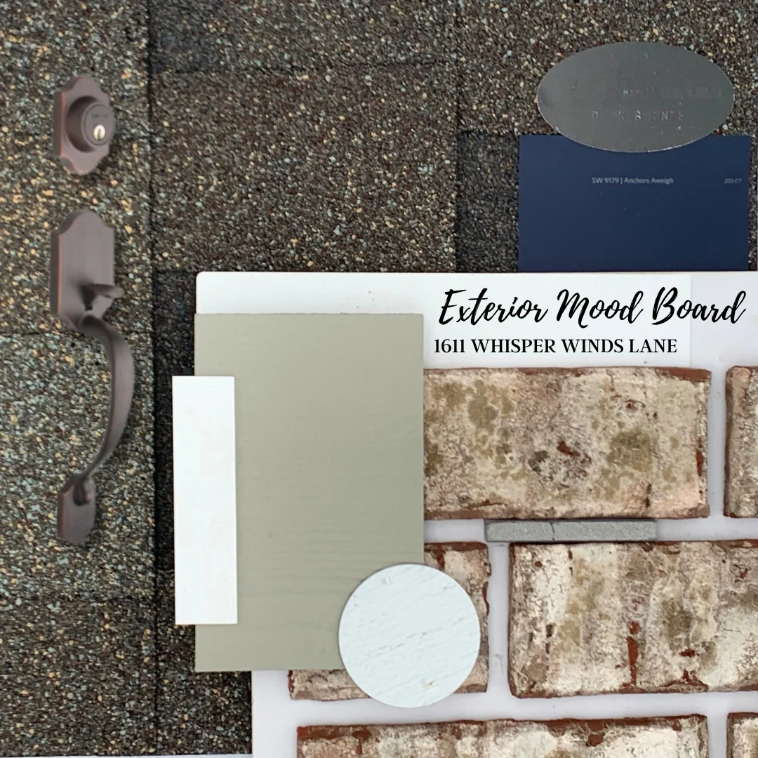 New Home Chattanooga TN. Exterior mood board for Pratt Home Builders, featuring bricks, shingles, paint samples, and metal fixture for 1611 Whisper Winds Lan