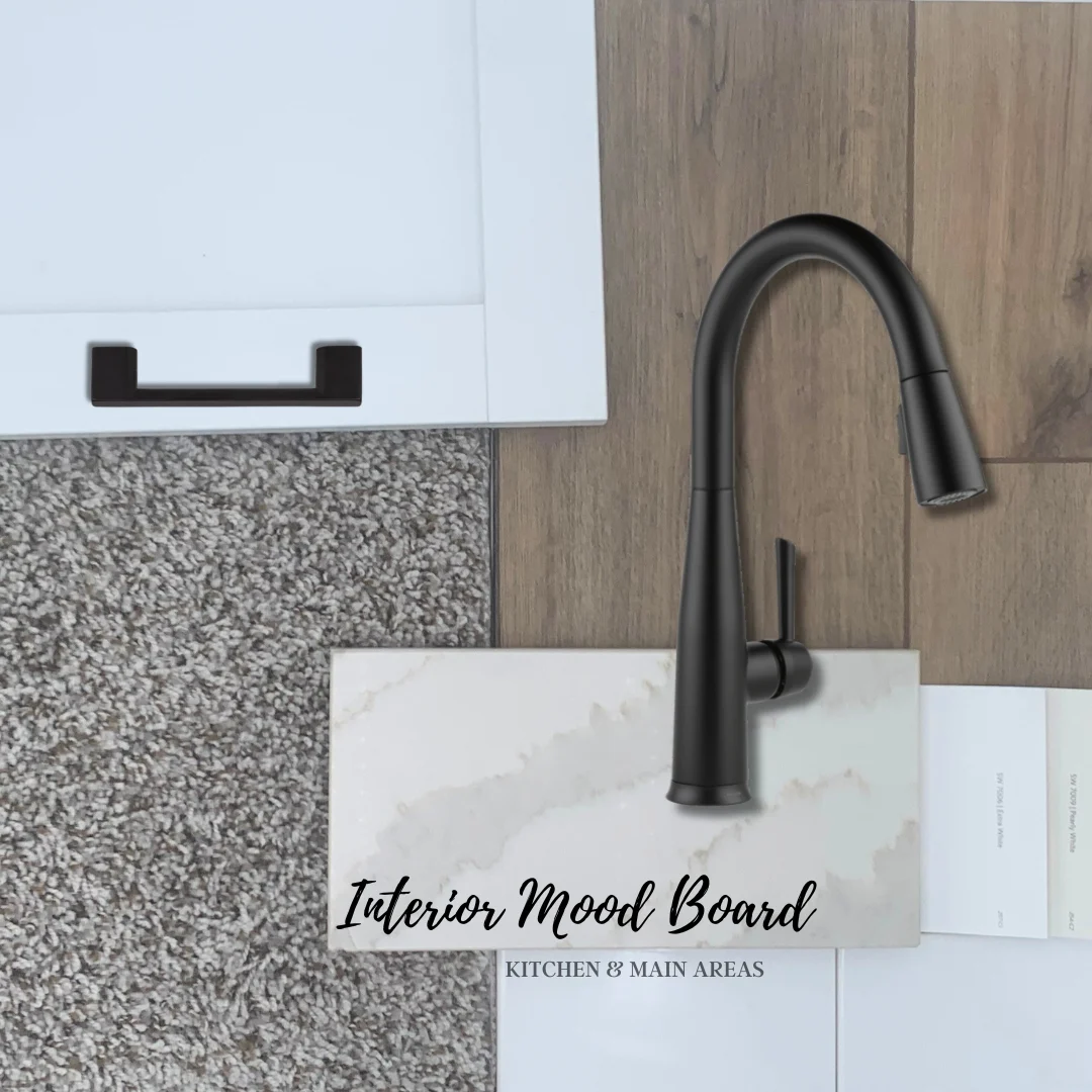 New Home Chattanooga TN. Interior mood board showcasing black faucet, wood flooring, white cabinetry, and carpet samples. Design inspiration by Pratt Home Builders.