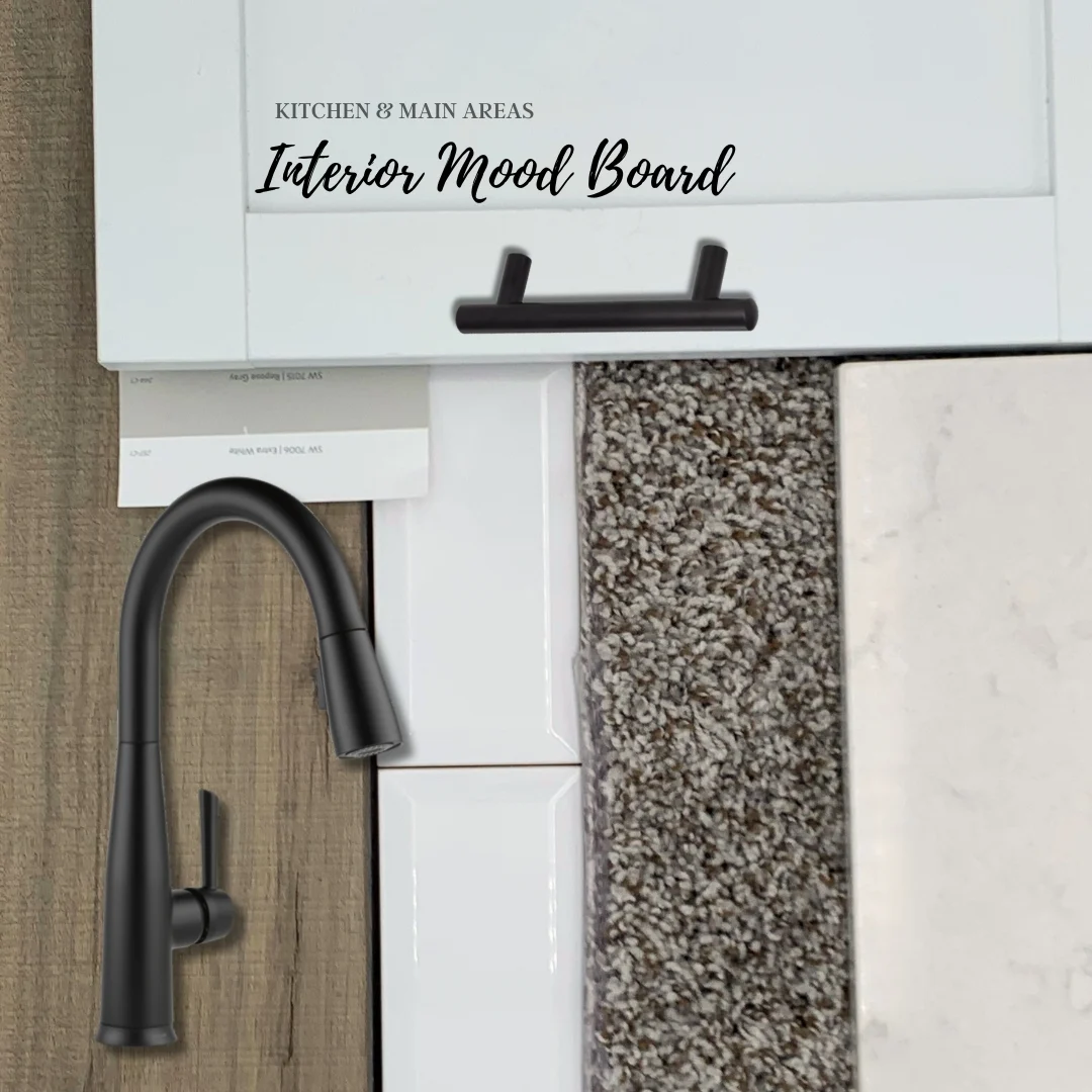 New Home Chattanooga TN. Kitchen and main areas interior mood board with gray carpet, white tiles, wood texture, and black hardware by Pratt Home Builders.