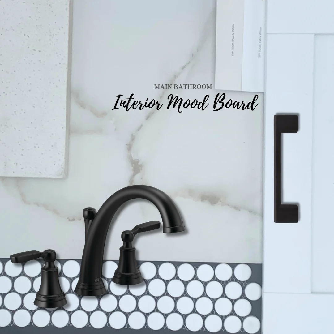 New Home Chattanooga TN. Main bathroom mood board with black faucet, mosaic tiles, and cabinetry by Pratt Home Builders.