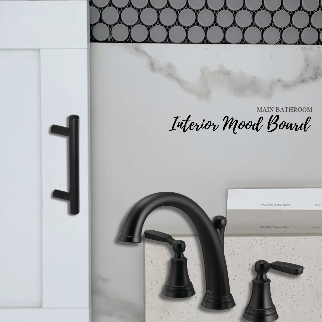 New Home Chattanooga TN. Bathroom mood board featuring black fixtures, white cabinetry, marble accents from Pratt Home Builders.