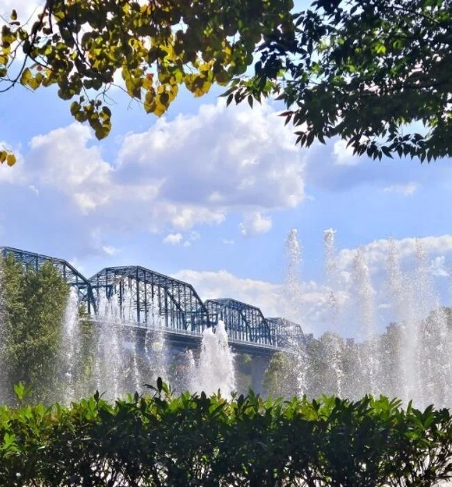 Blue truss bridge in Chattanooga, TN, framed by trees and fountains, under a partly cloudy sky. Ideal setting envisioned by Pratt Home Builders.