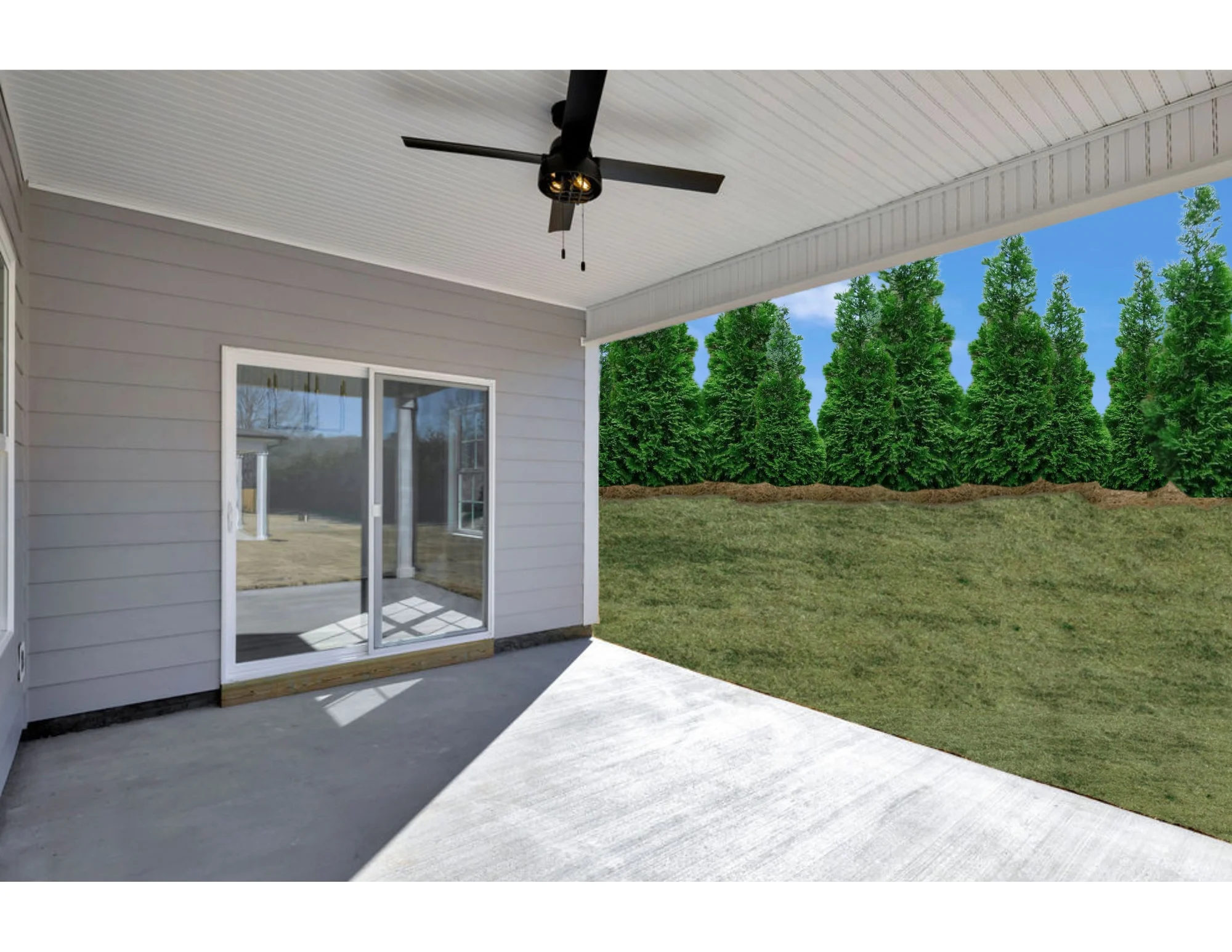 New home Chattanooga TN. Covered patio with sliding glass doors, ceiling fan, overlooking a grassy yard with tall trees. Built by Pratt Home Builders.