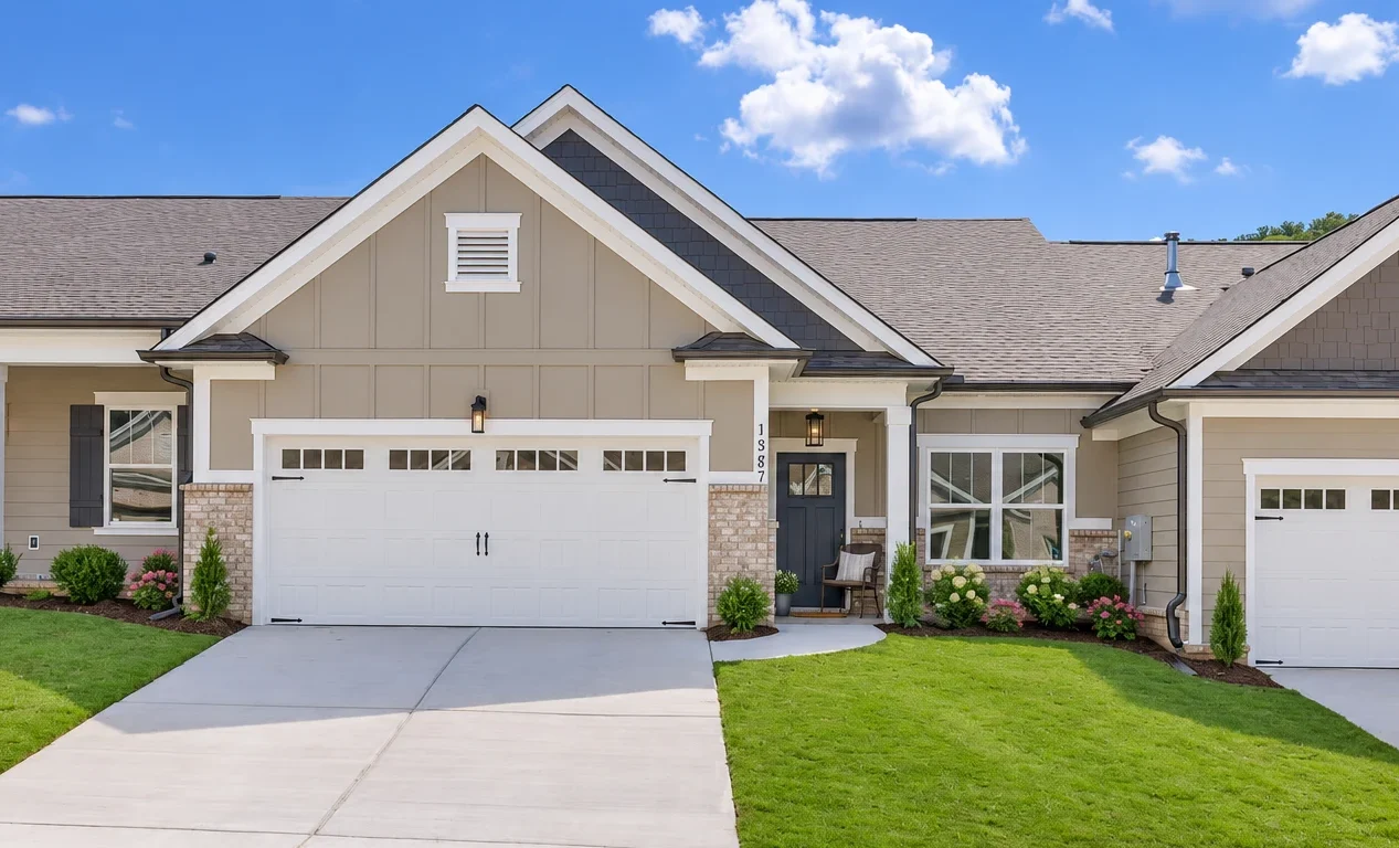 Modern townhouse with gray siding, white garage doors, and manicured lawn, built by Pratt Home Builders in Chattanooga TN.