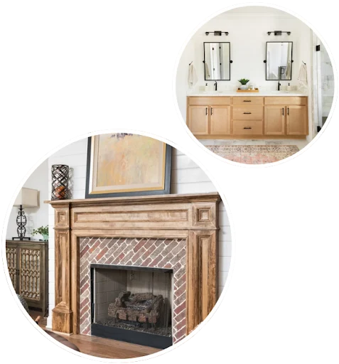 New home chattanooga tn Fireplace with wooden mantel and brickwork below a double-sink vanity with mirrors, showcasing Pratt Home Builders in Chattanooga TN.