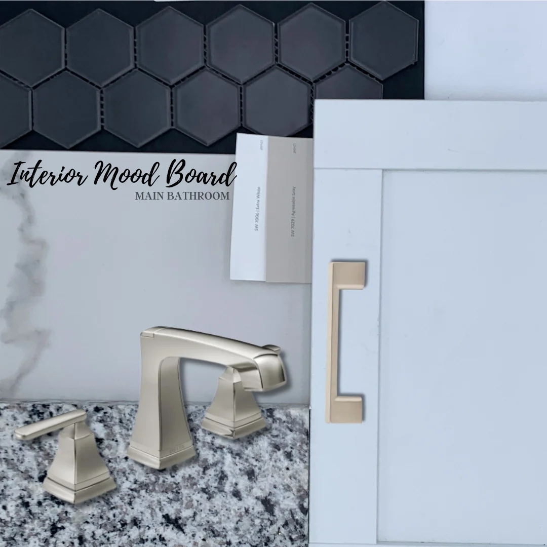 Bathroom mood board featuring hexagonal tiles, silver faucet, granite surface, white cabinet, by Pratt Home Builders in Chattanooga TN.