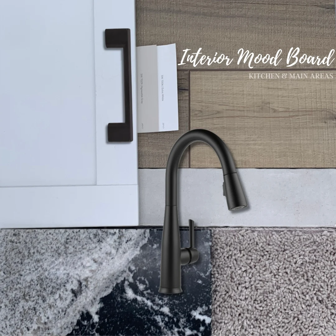 Interior mood board featuring dark faucet, cabinetry handle, wood and stone textures, designed by Pratt Home Builders in Chattanooga TN.