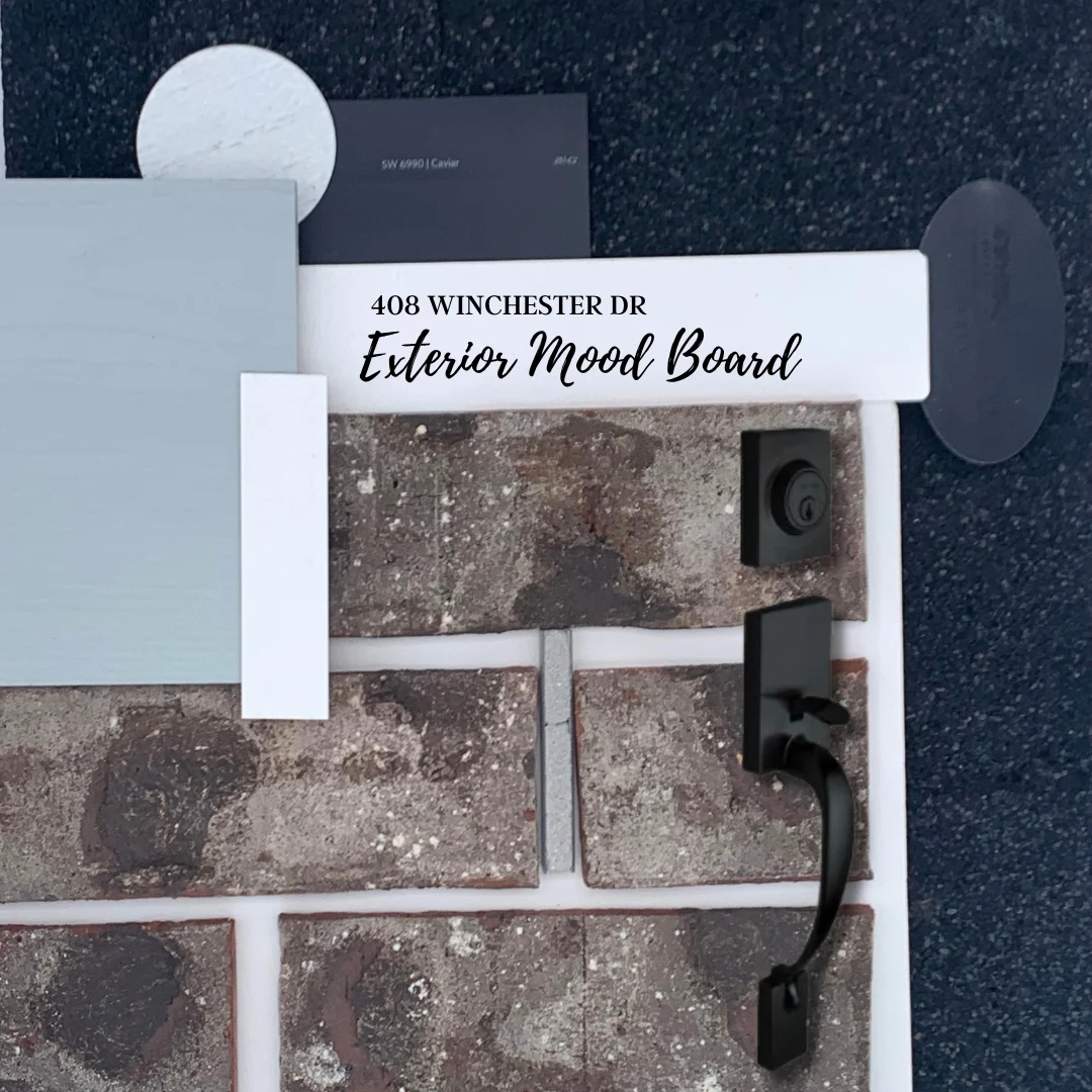 Exterior mood board with various textures, colors, and a black door handle by Pratt Home Builders in Chattanooga TN.