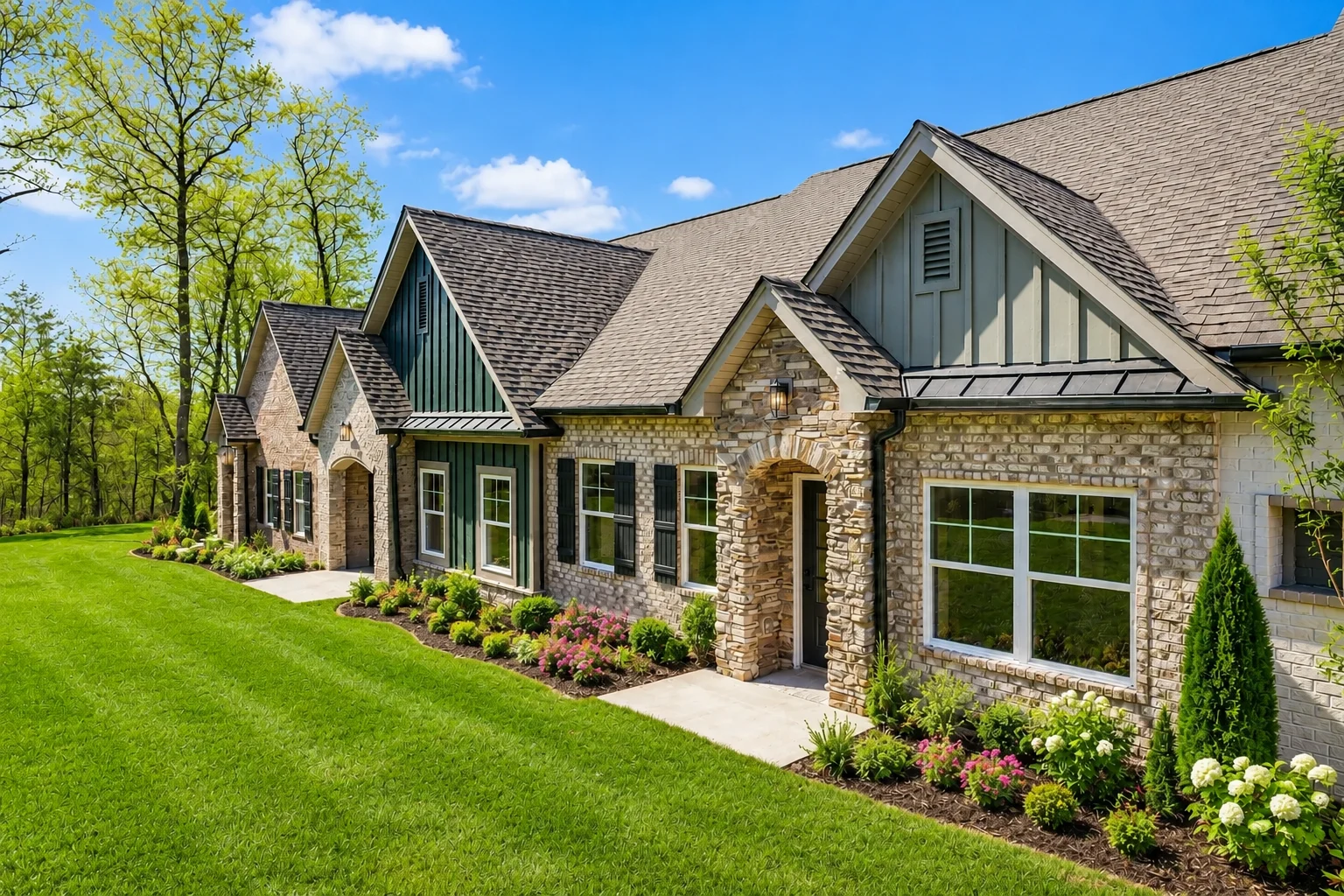 Ashleigh-floor-plan-front-exterior-home-for-sale-lookout-mountain Elegant brick and stone house surrounded by manicured lawn and flowers, built by Pratt Home Builders in Chattanooga TN.