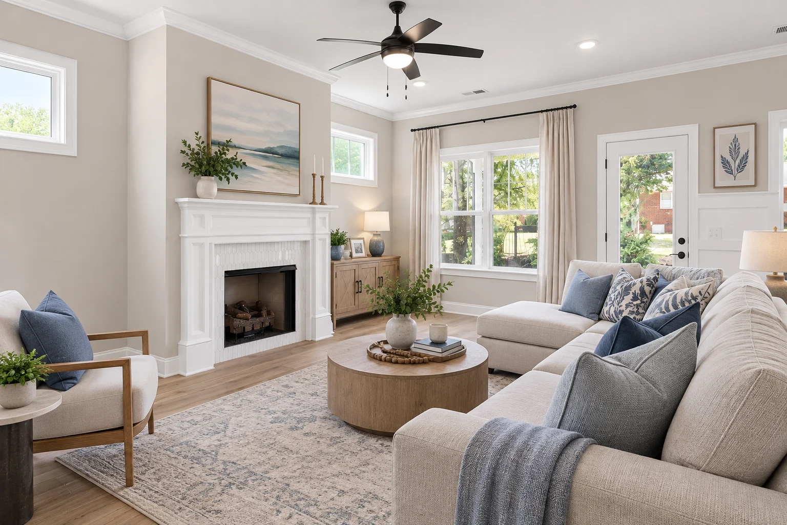Modern living room by Pratt Home Builders in Chattanooga TN, featuring a cozy sectional, elegant fireplace, and large windows with garden view.