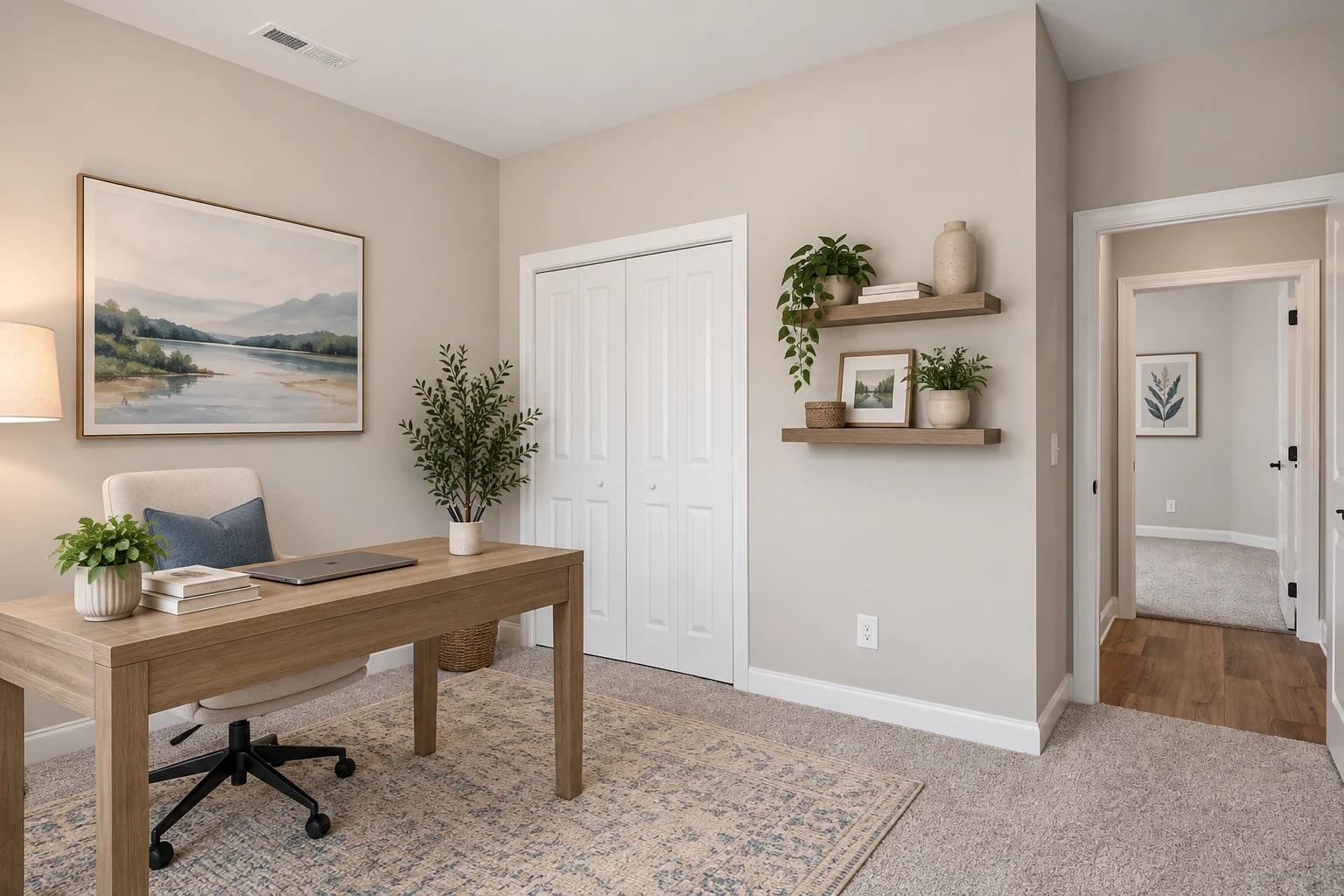 Modern home office with beige walls, wooden desk, plants, and wall art. Designed by Pratt Home Builders in Chattanooga TN.