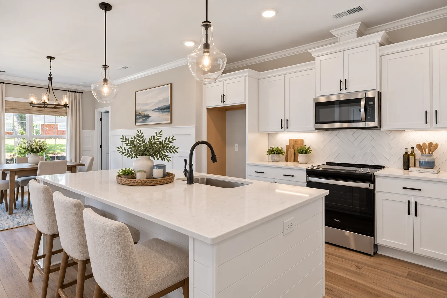 Modern kitchen and dining area with white cabinets, island, and decor. Designed by Pratt Home Builders in Chattanooga TN.