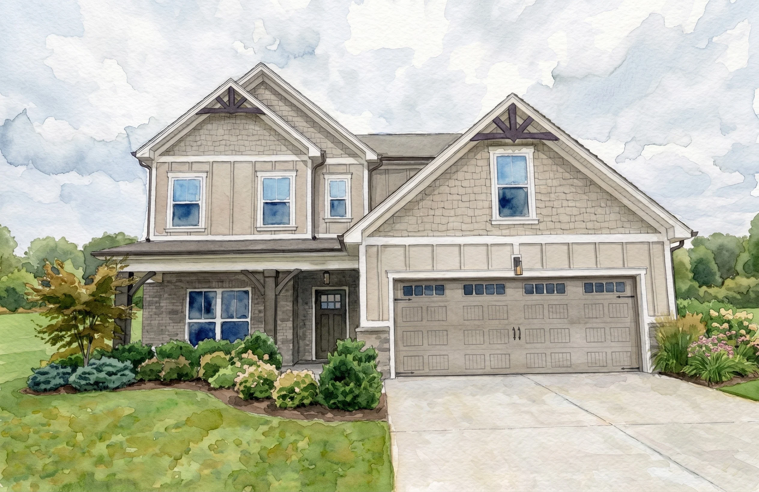 Two-story beige house with gabled roof and garage, surrounded by manicured shrubs. Built by Pratt Home Builders in Chattanooga TN.
