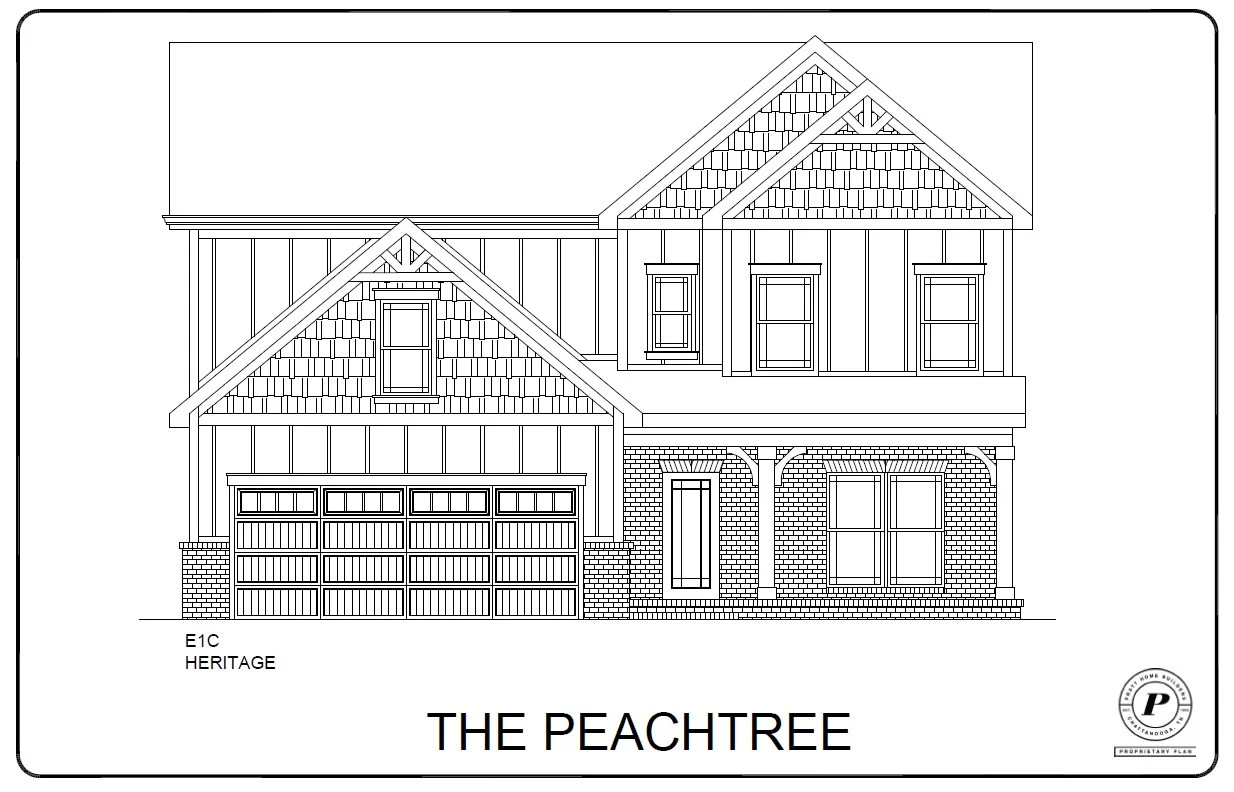 The Peachtree house plan features a two-story design by Pratt Home Builders in Chattanooga TN with a garage and gabled roof.