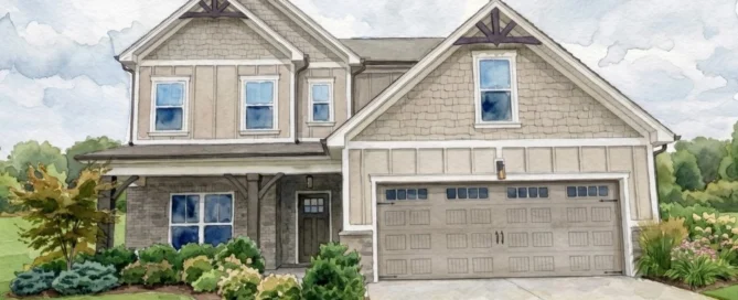 Two-story suburban house with gray siding and garage, lush landscaping; designed by Pratt Home Builders in Chattanooga TN.