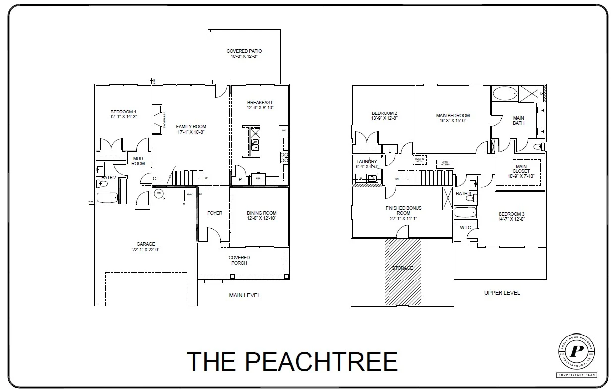 Floor plan for "The Peachtree" by Pratt Home Builders in Chattanooga TN, featuring a two-level layout with three bedrooms and a covered patio.
