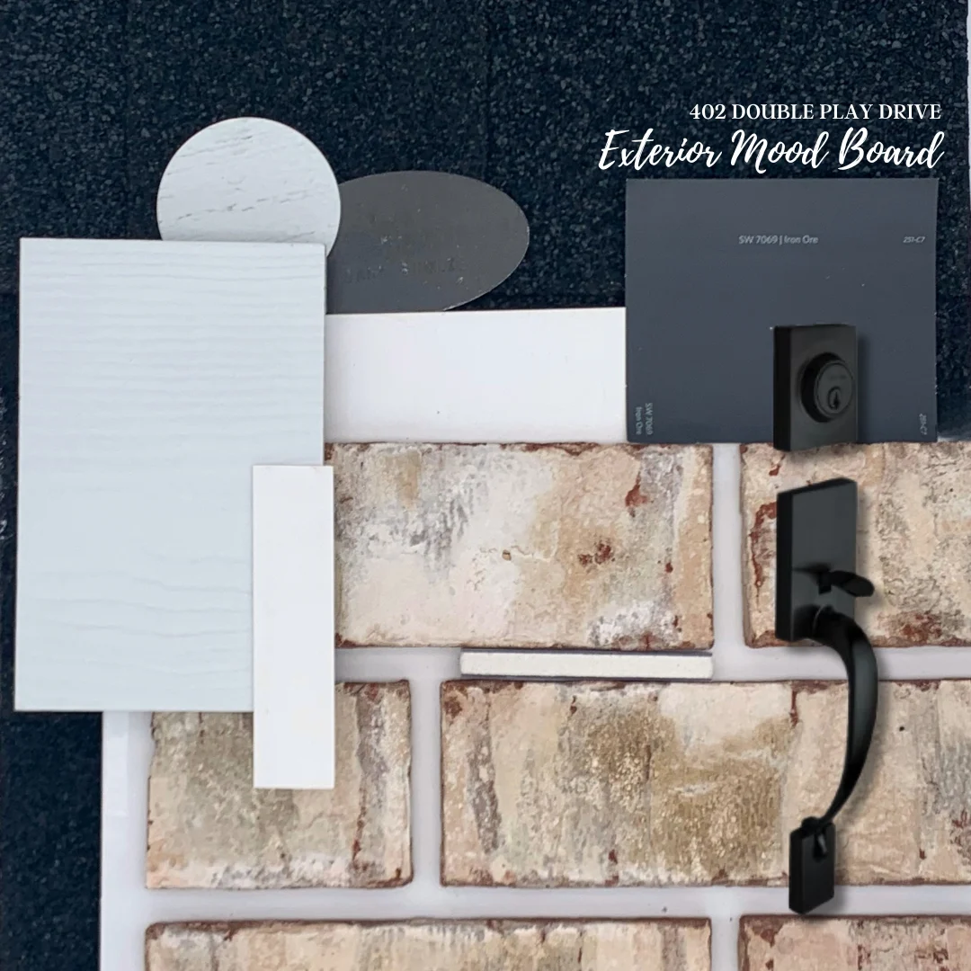 Exterior mood board showcasing muted colors, brick texture, and black hardware. Pratt Home Builders in Chattanooga TN.