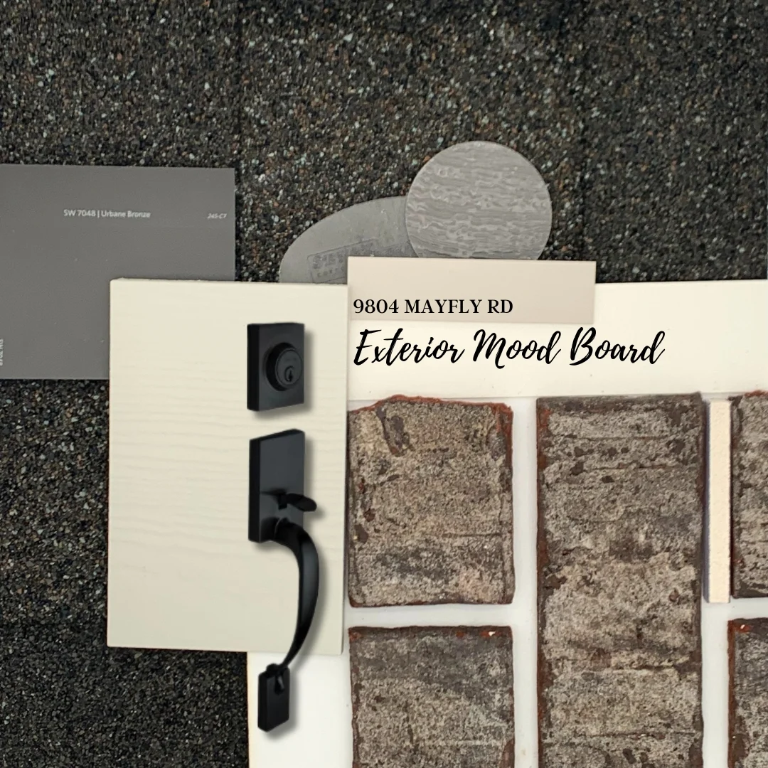 Exterior mood board featuring stone textures, door hardware, and color samples, by Pratt Home Builders in Chattanooga TN.