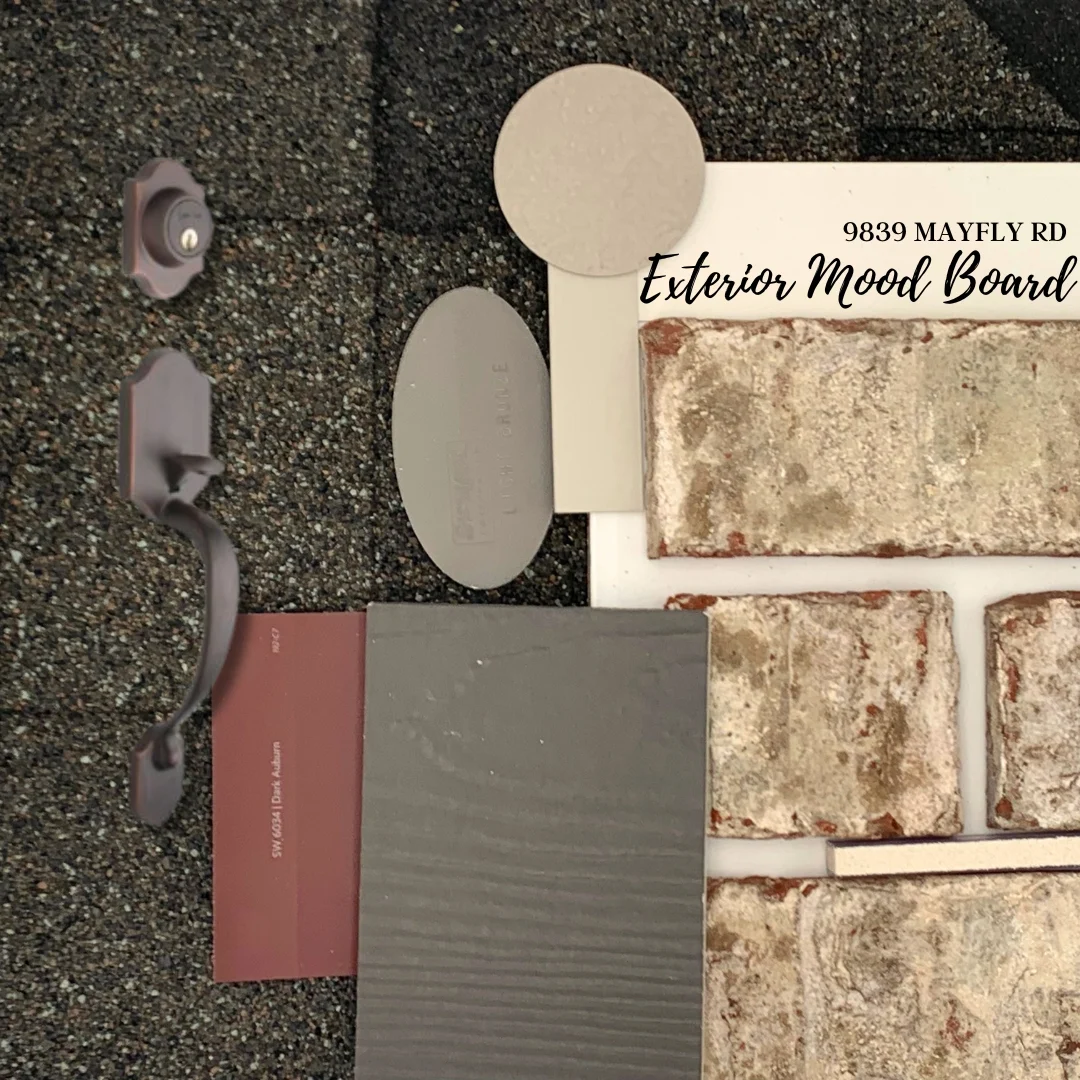 Exterior mood board with brick textures, paint swatches, door hardware, and roofing sample by Pratt Home Builders in Chattanooga TN.