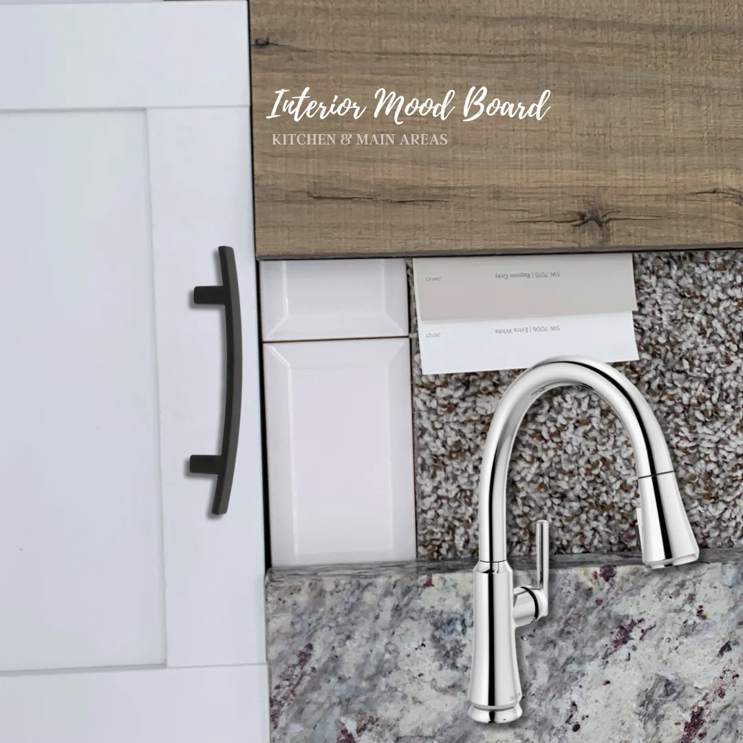 Interior mood board with wood, tile, granite, carpet samples, chrome faucet by Pratt Home Builders in Chattanooga TN.