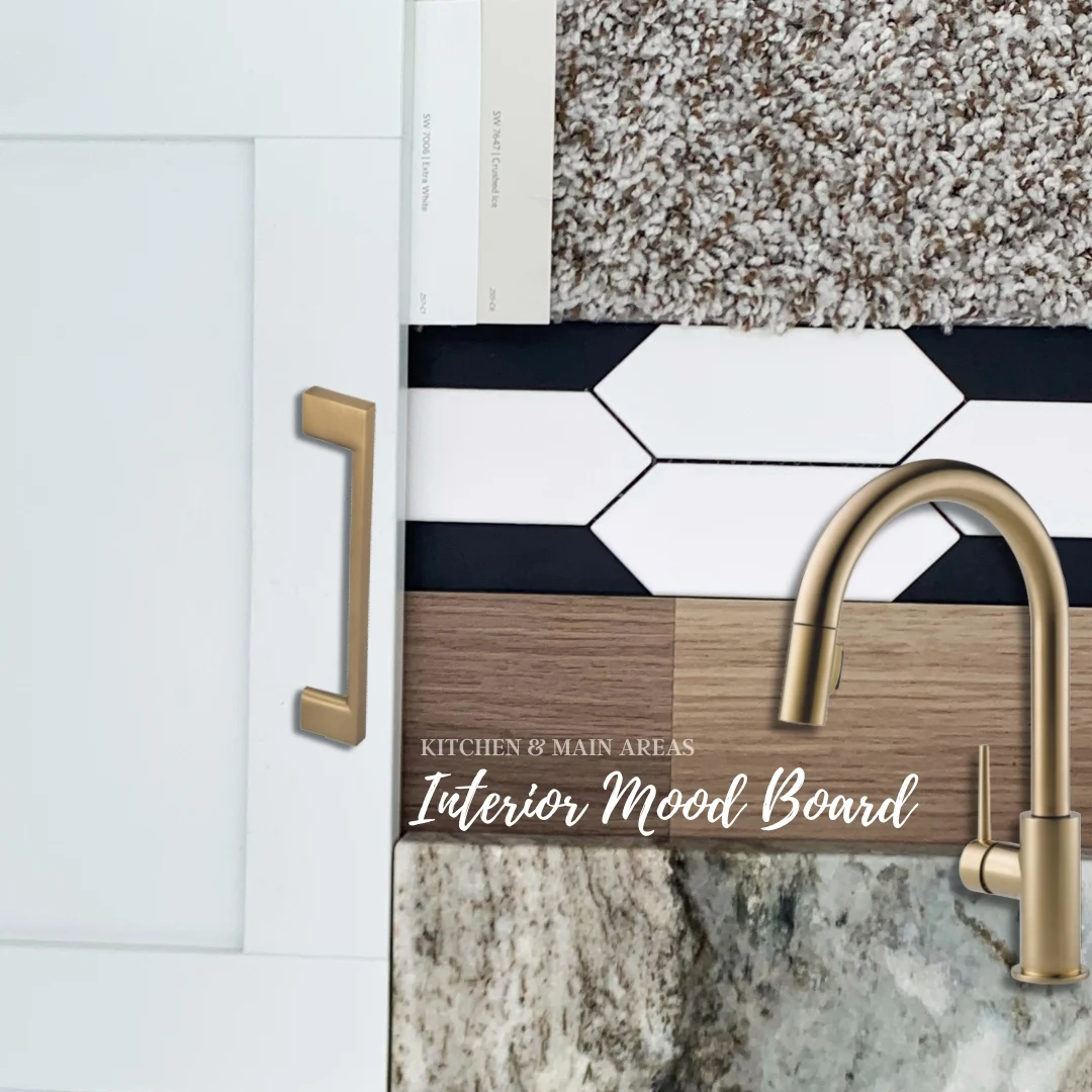 Kitchen mood board with cabinetry, hexagonal tiles, wood textures, carpet sample. Featuring designs by Pratt Home Builders in Chattanooga TN.