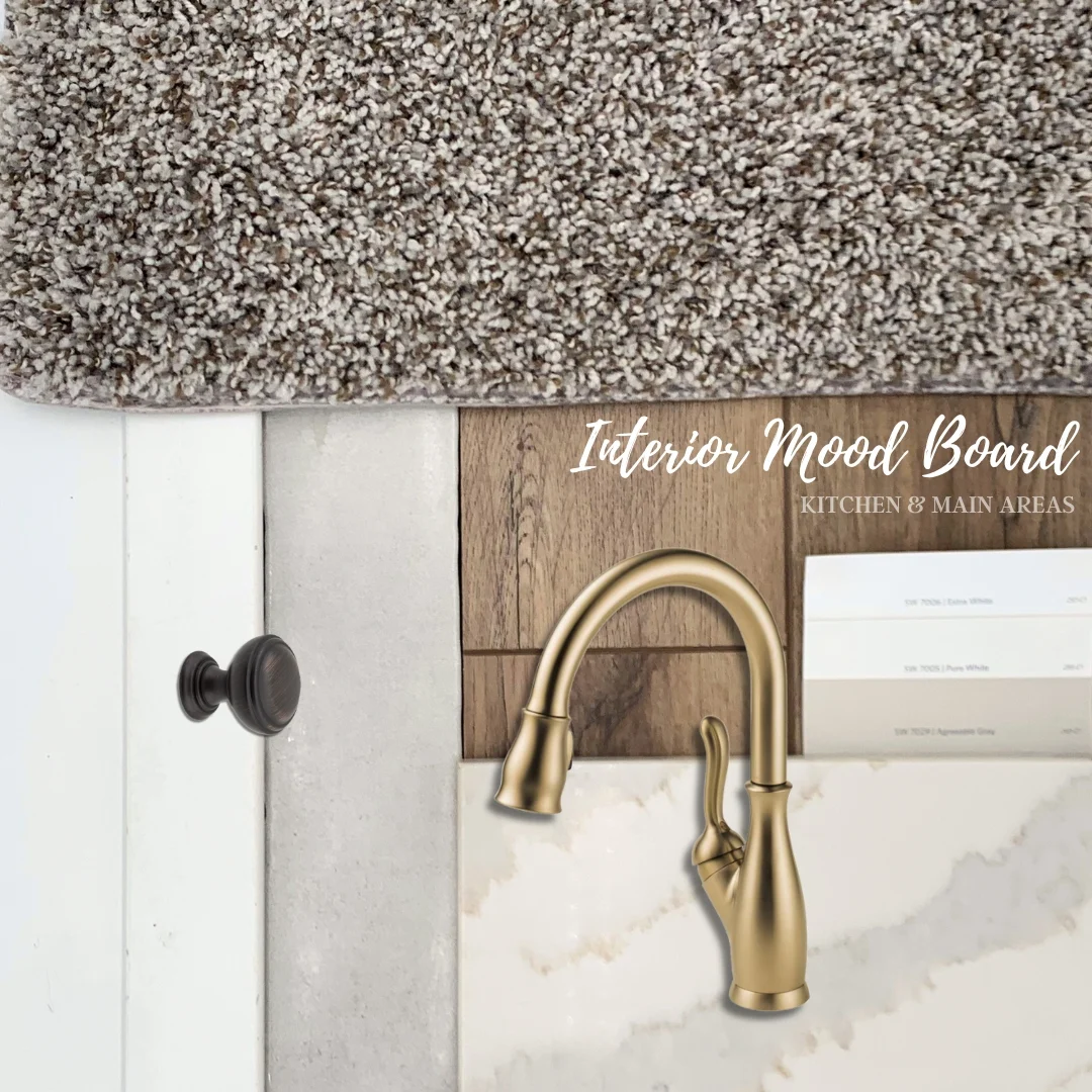 Interior mood board featuring kitchen items, gold faucet, beige carpet, wood textures, and paint samples by Pratt Home Builders in Chattanooga TN.