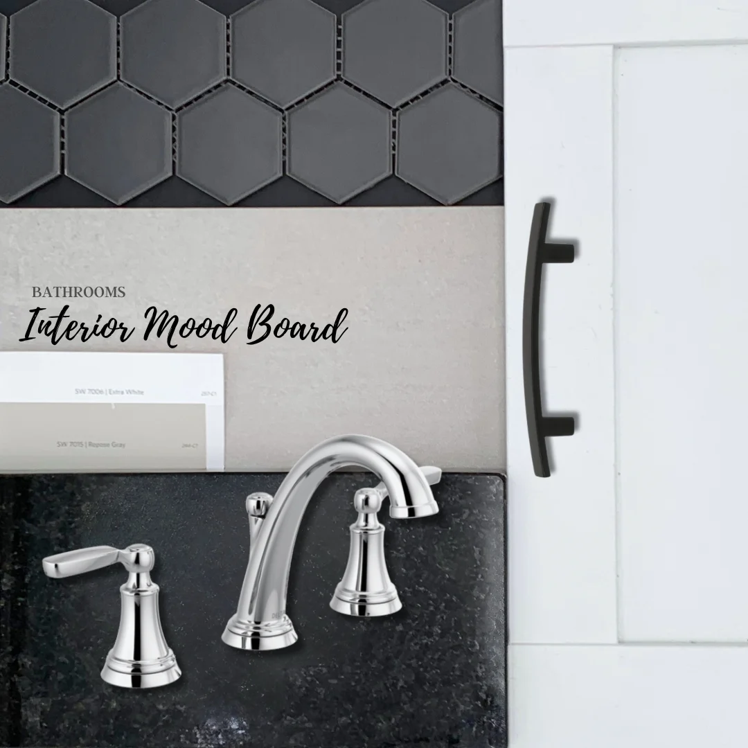Bathroom mood board with hexagonal tiles, silver faucet, and cabinet handle; Pratt Home Builders in Chattanooga TN.