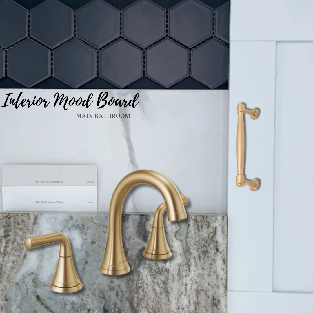Bathroom mood board with gold fixtures, white and gray palette, hexagonal tiles by Pratt Home Builders in Chattanooga TN.