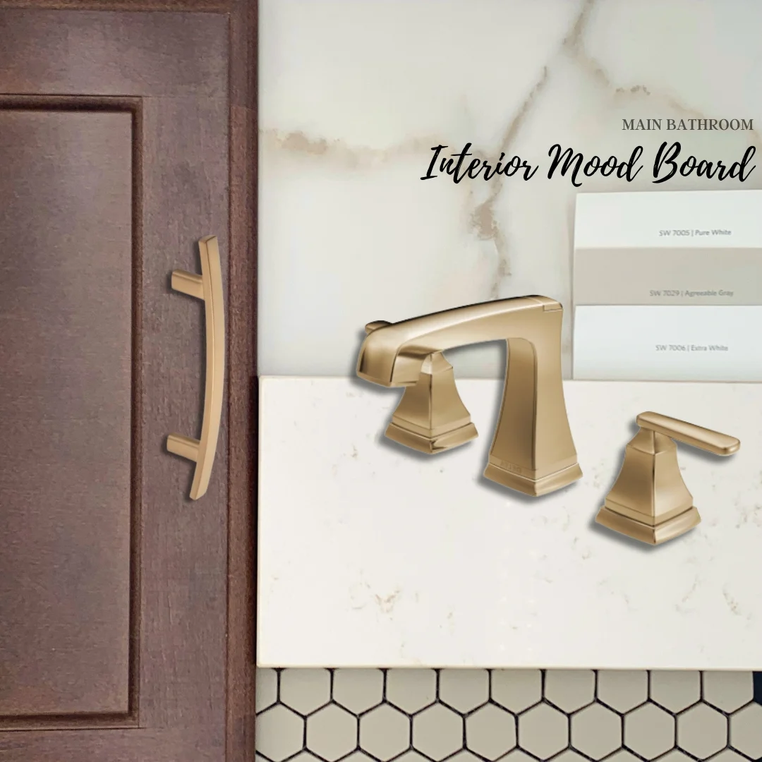 Bathroom mood board by Pratt Home Builders in Chattanooga TN featuring gold faucet, wood cabinet, hexagonal tiles, and white marble surface.