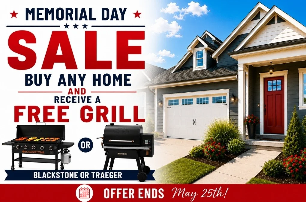 Memorial Day sale at Pratt Home Builders in Chattanooga TN: buy a home, receive a Blackstone or Traeger grill. Offer ends May 25th.
