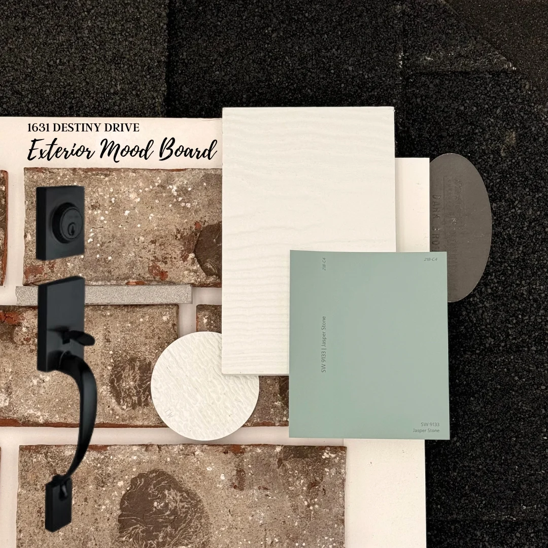 Exterior mood board featuring brick, black hardware, white and green samples, by Pratt Home Builders in Chattanooga TN.