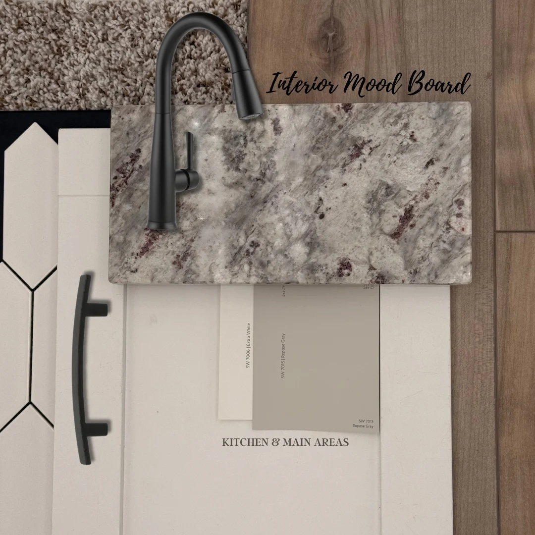 Interior mood board featuring granite countertop, black faucet, wood flooring, carpet, tile, and color swatches by Pratt Home Builders in Chattanooga