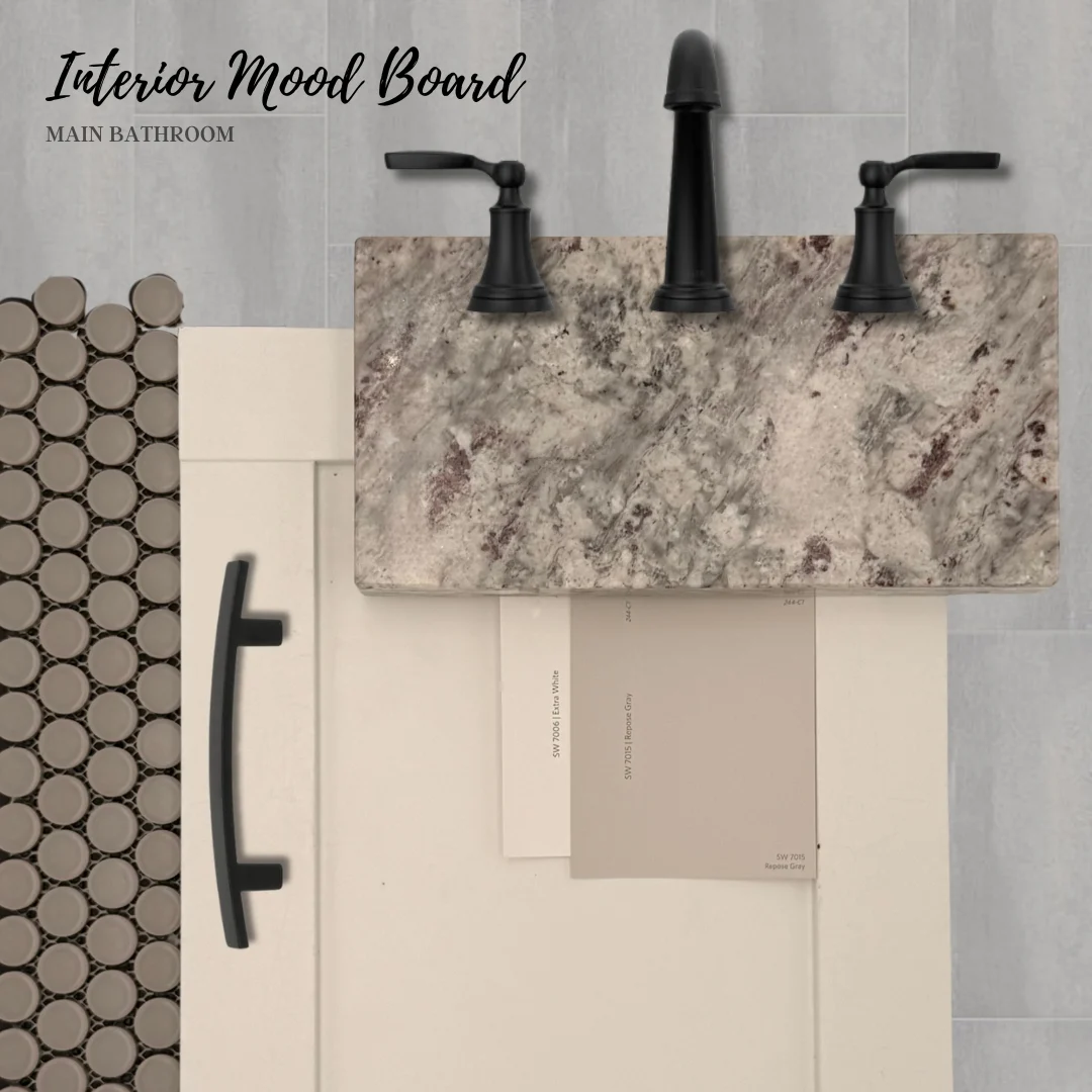 Bathroom mood board featuring grey granite countertop, black fixtures, and tile samples, curated by Pratt Home Builders in Chattanooga TN.