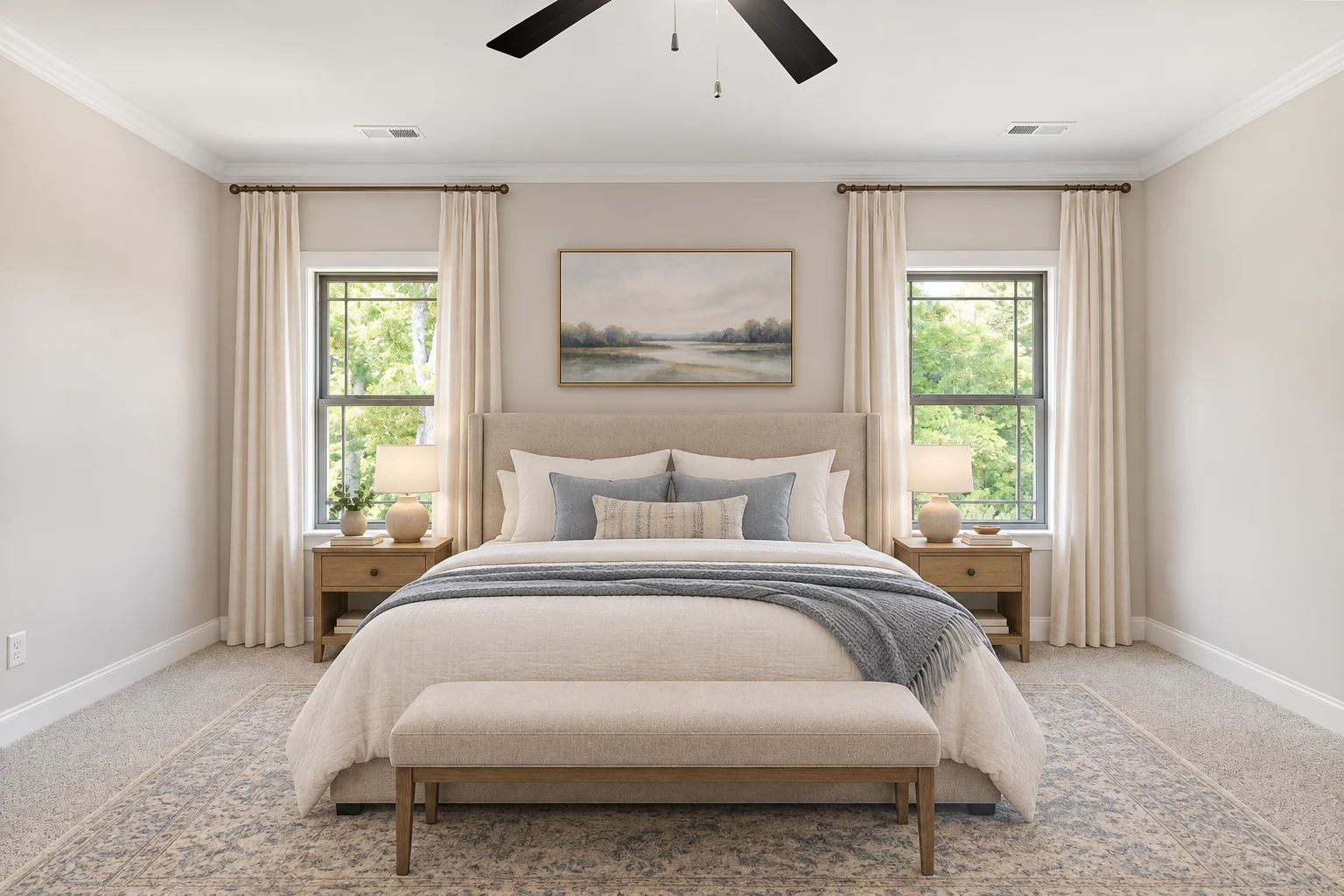 Bright bedroom with cream decor, large bed, soft lighting, and scenic artwork. Designed by Pratt Home Builders in Chattanooga TN.