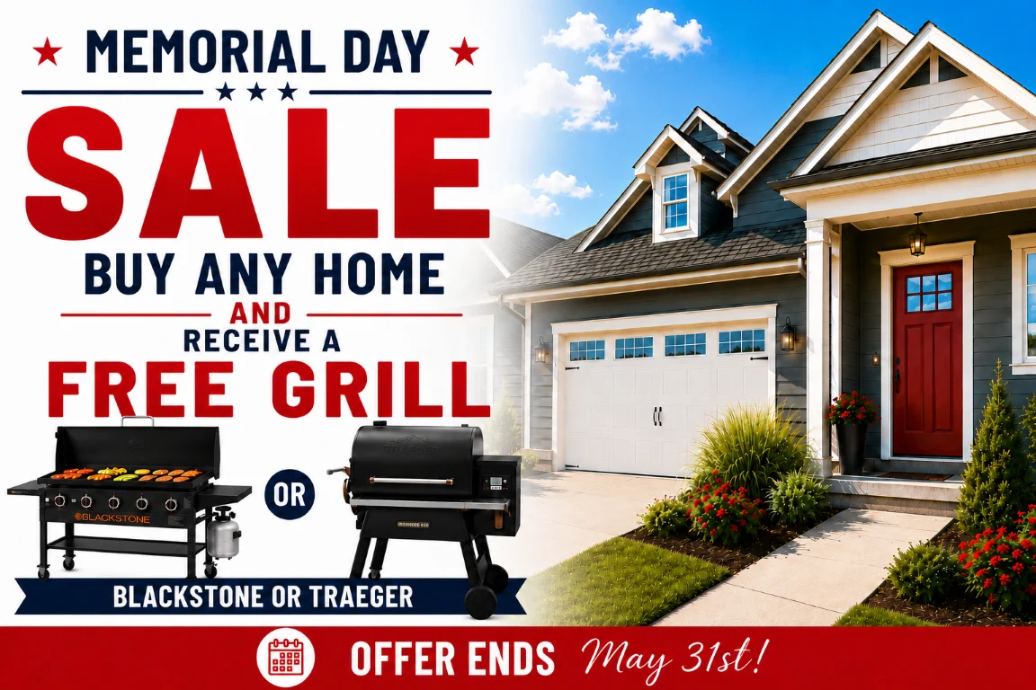 Updated_Final_PopUp_MemorialDay2026 Memorial Day sale by Pratt Home Builders in Chattanooga TN; buy any home, receive a free Blackstone or Traeger grill. Offer ends May 31st.
