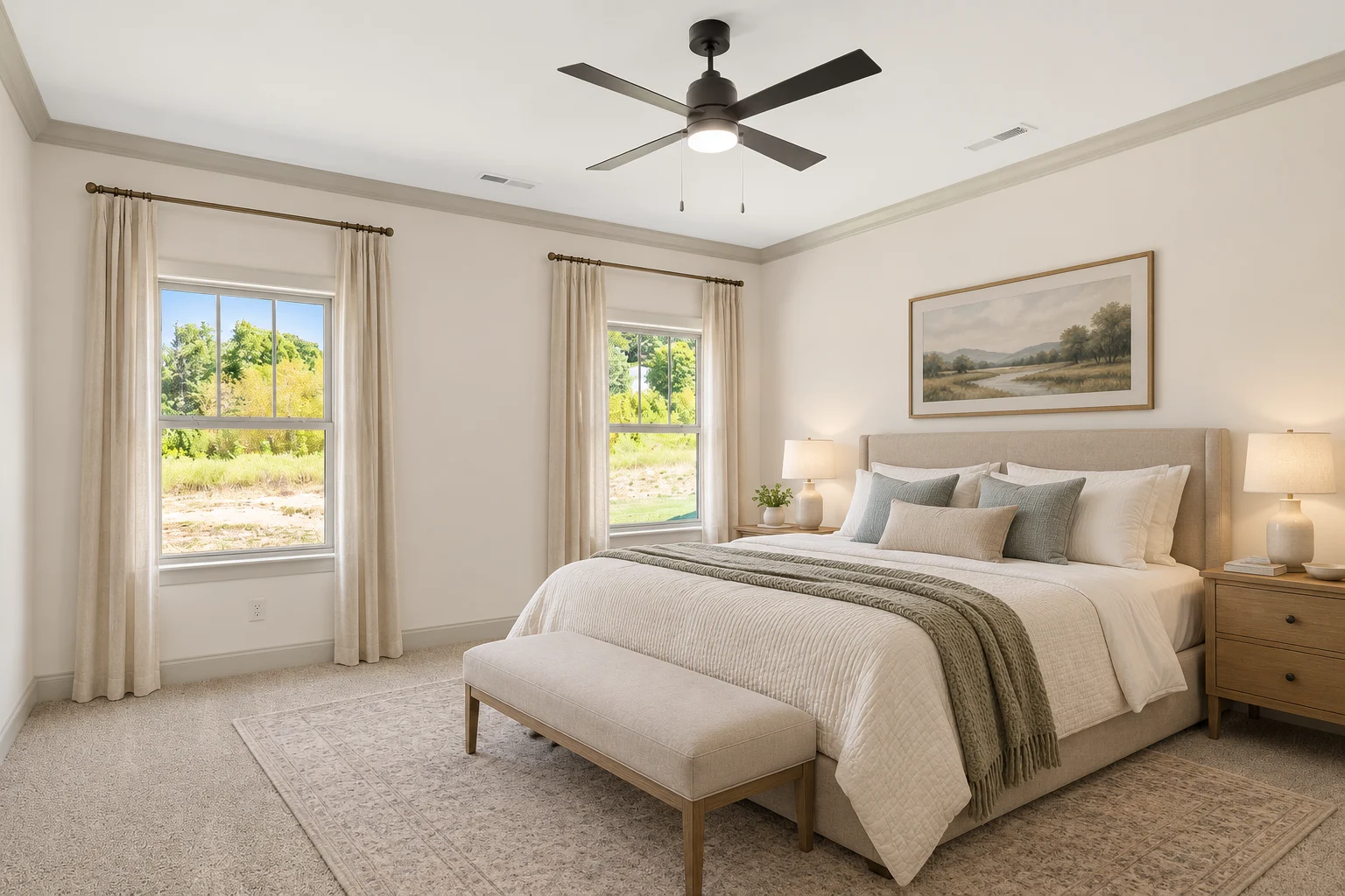 Elegant bedroom with neutral tones, large windows, and cozy bedding by Pratt Home Builders in Chattanooga TN. Ceiling fan, soft lighting, landscape ar