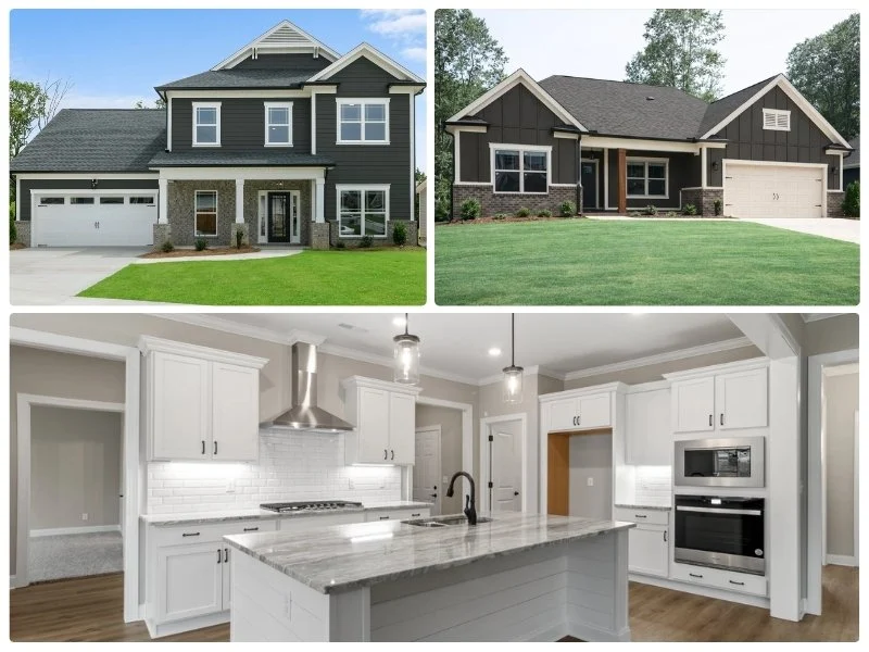 Two stylish homes and a modern kitchen by Pratt Home Builders in Chattanooga, TN, showcasing elegant design and craftsmanship.