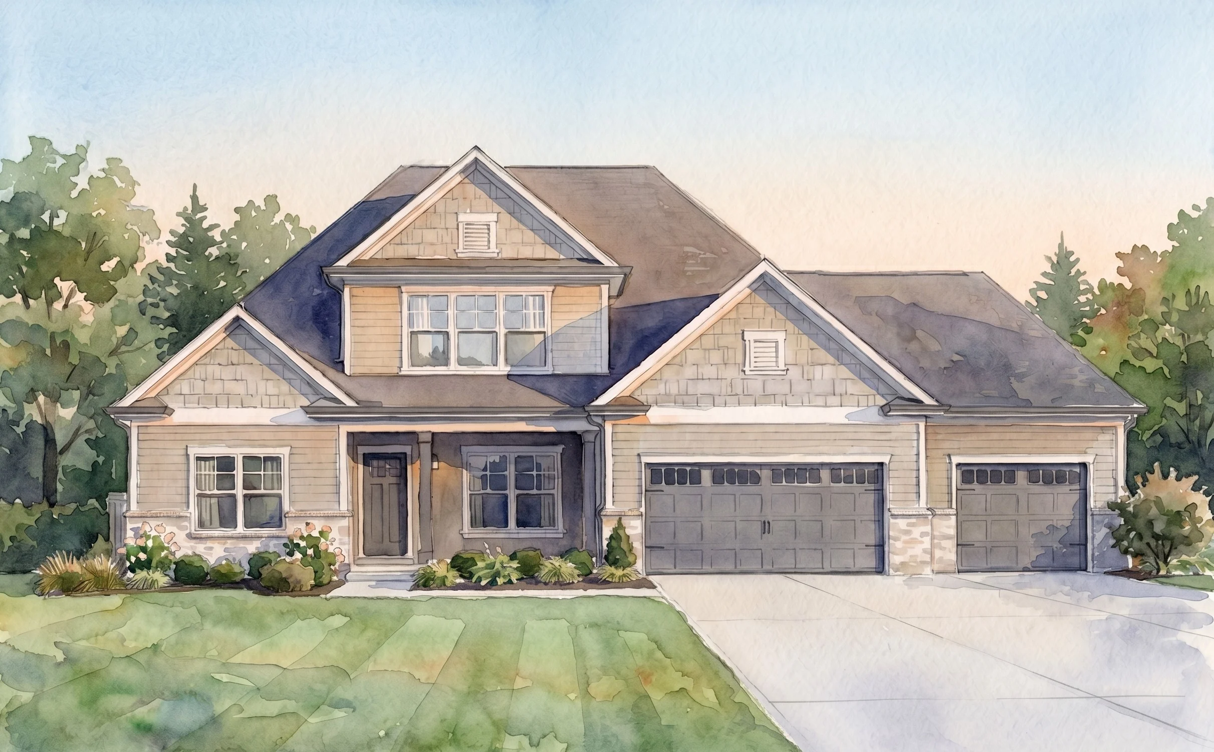 NEW HAVEN FLOOR PLAN FRONT EXTERIOR RENDERING NOW SELLING Modern two-story house with three-car garage, framed by trees. Built by Pratt Home Builders in Chattanooga TN.