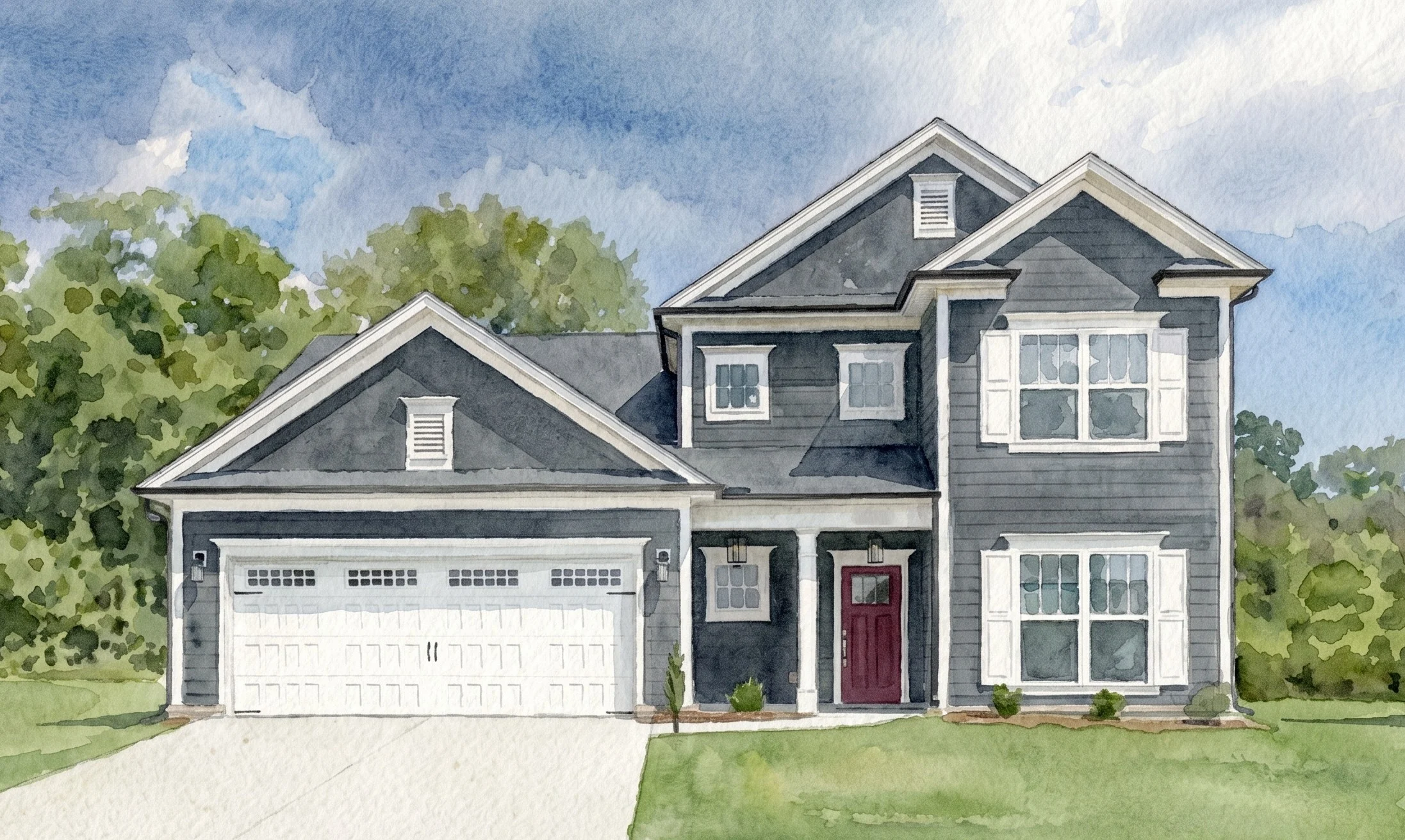 Two-story dark gray house with white trim, red door, and double garage, surrounded by greenery. Built by Pratt Home Builders in Chattanooga TN.