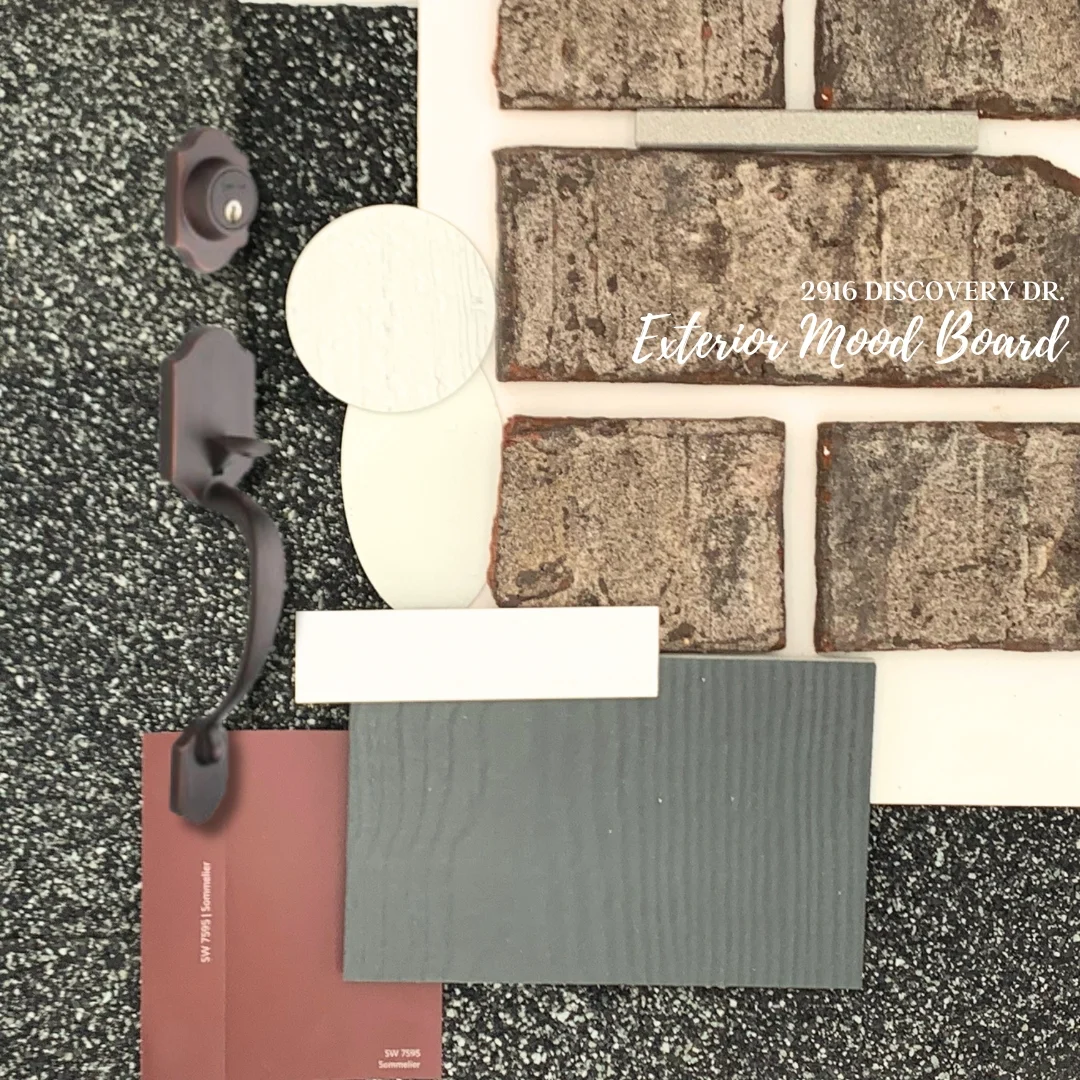 Exterior mood board showcasing materials, colors, and textures by Pratt Home Builders in Chattanooga, TN. Brick, swatches, and door hardware featured.